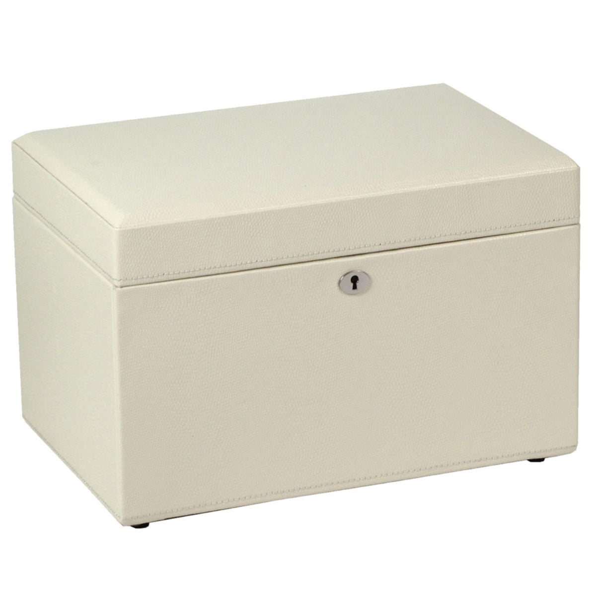 Medium light beige jewelry box with hinged top and circular keyhole lock