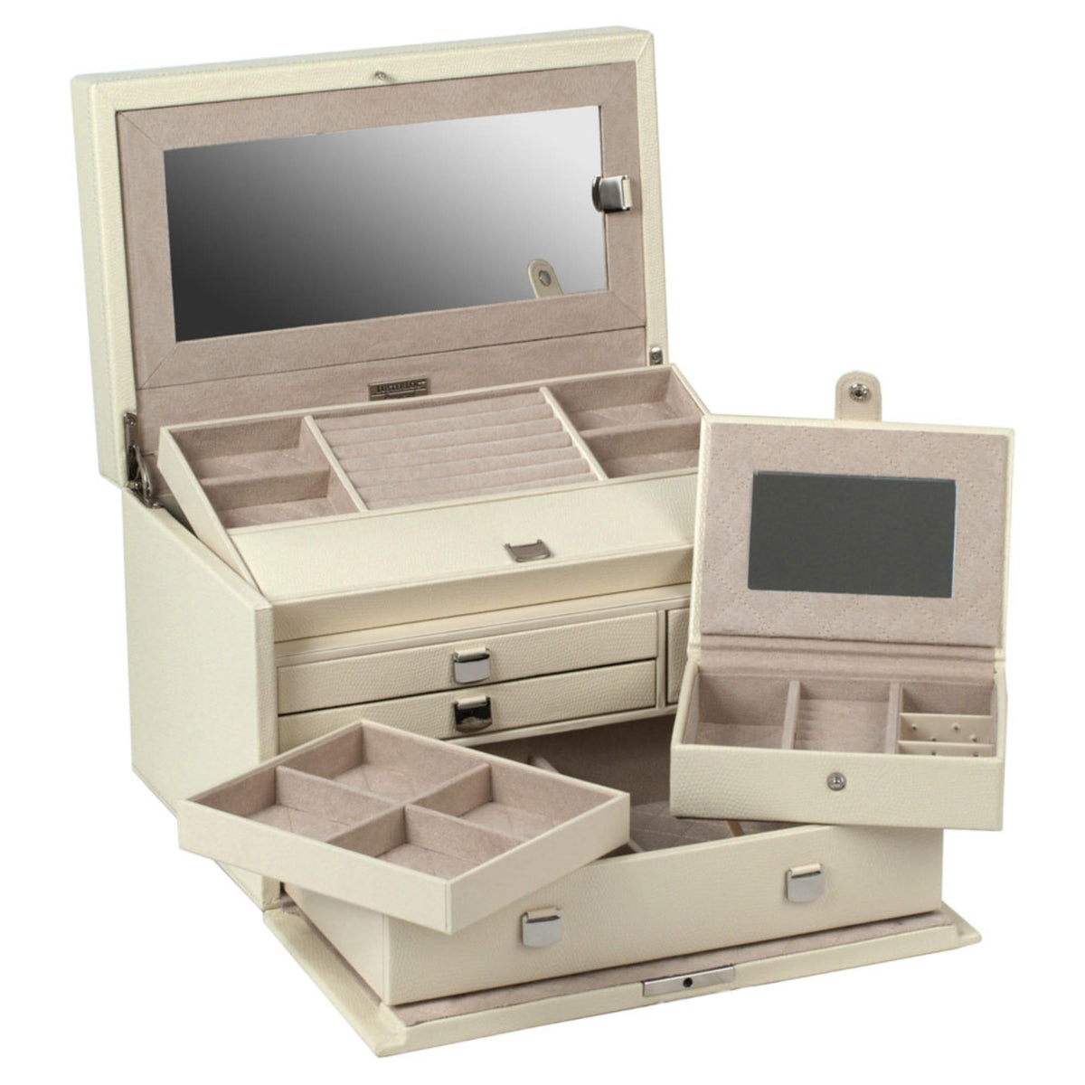 Medium light beige jewelry box open with mirror, compartments, and drawer storage