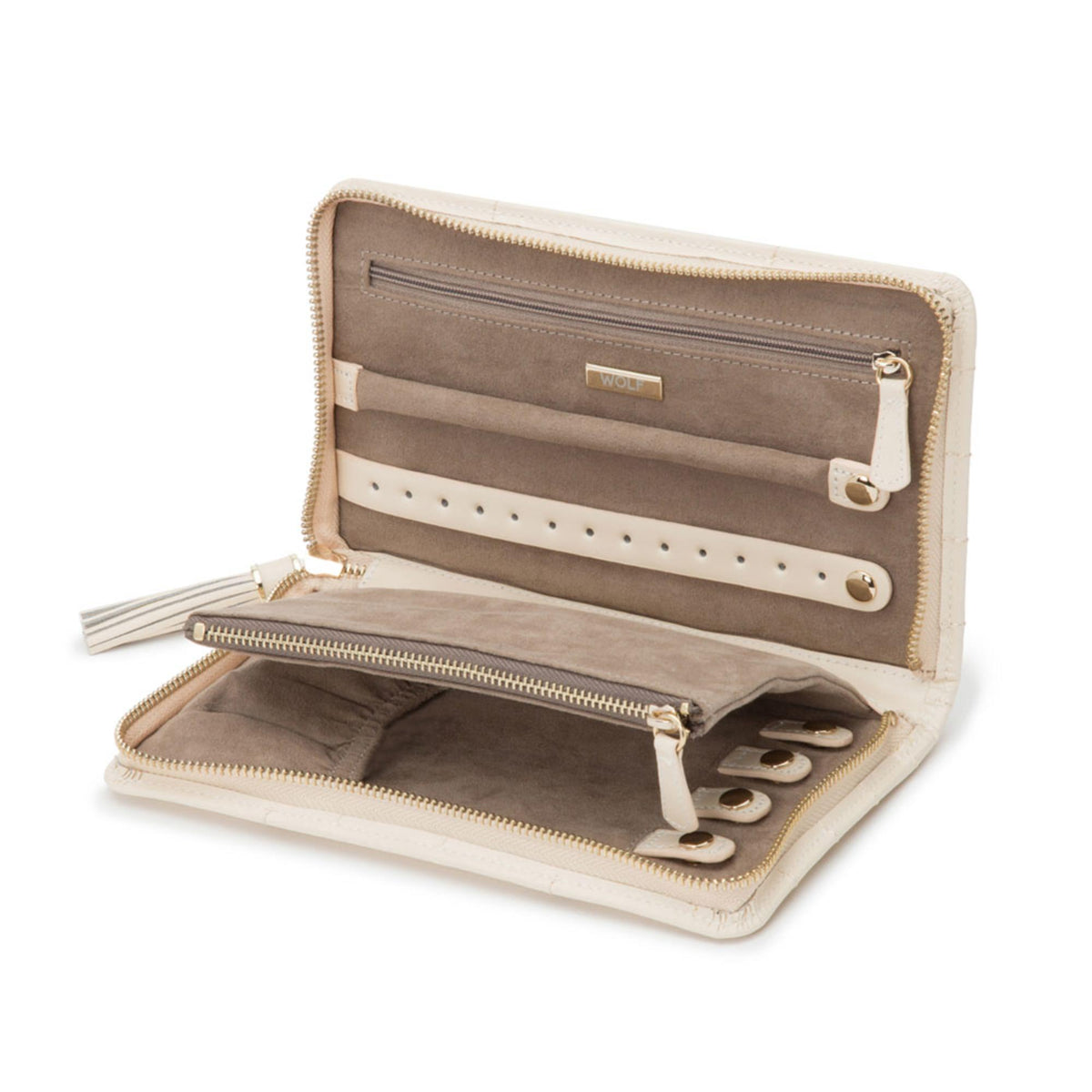 Open beige jewelry portfolio with interior pockets, card slots, and zippers