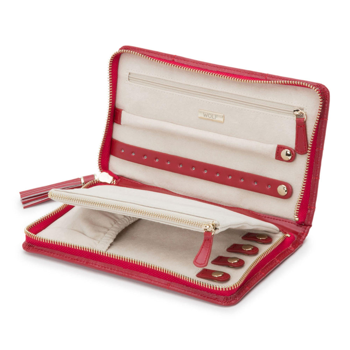 Open red jewelry portfolio with zip pocket, snap straps, and ring earring slots.