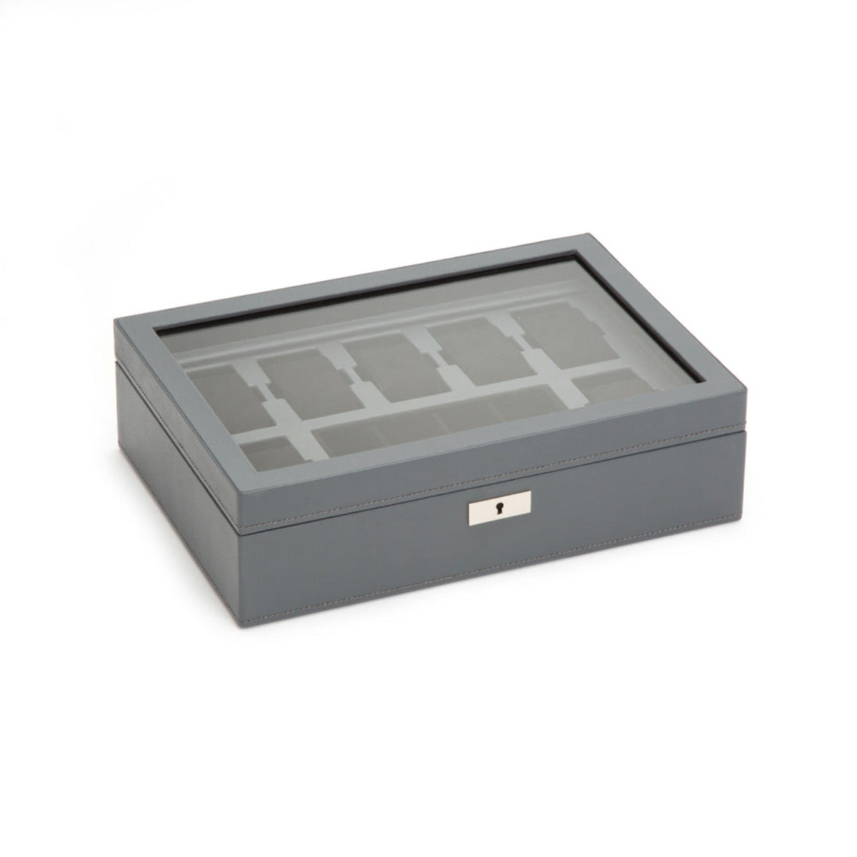 Wolf Howard watch box with open top insert tray, dark gray exterior and lock clasp
