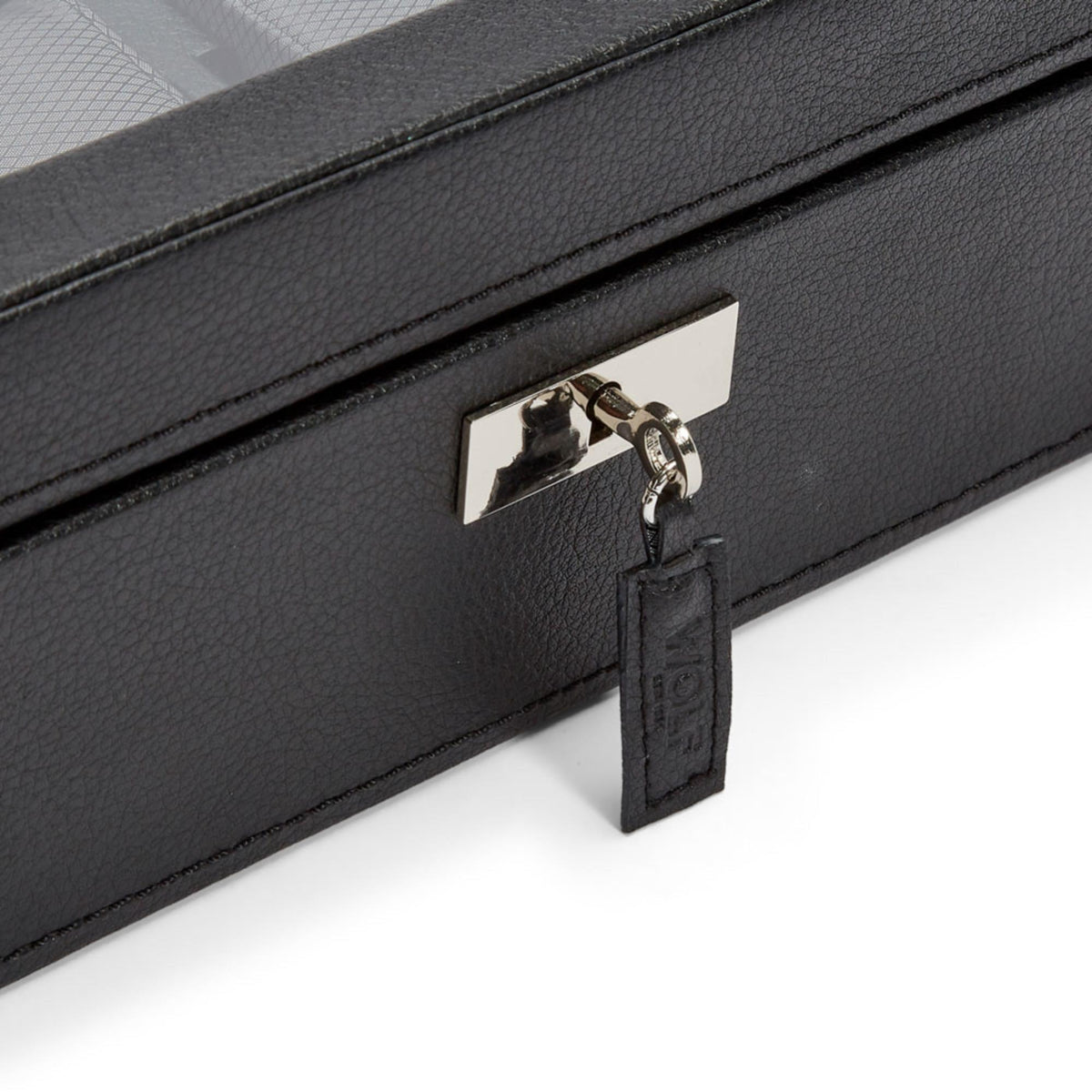 Black watch box latch with metal keyhole and hinged pull tab