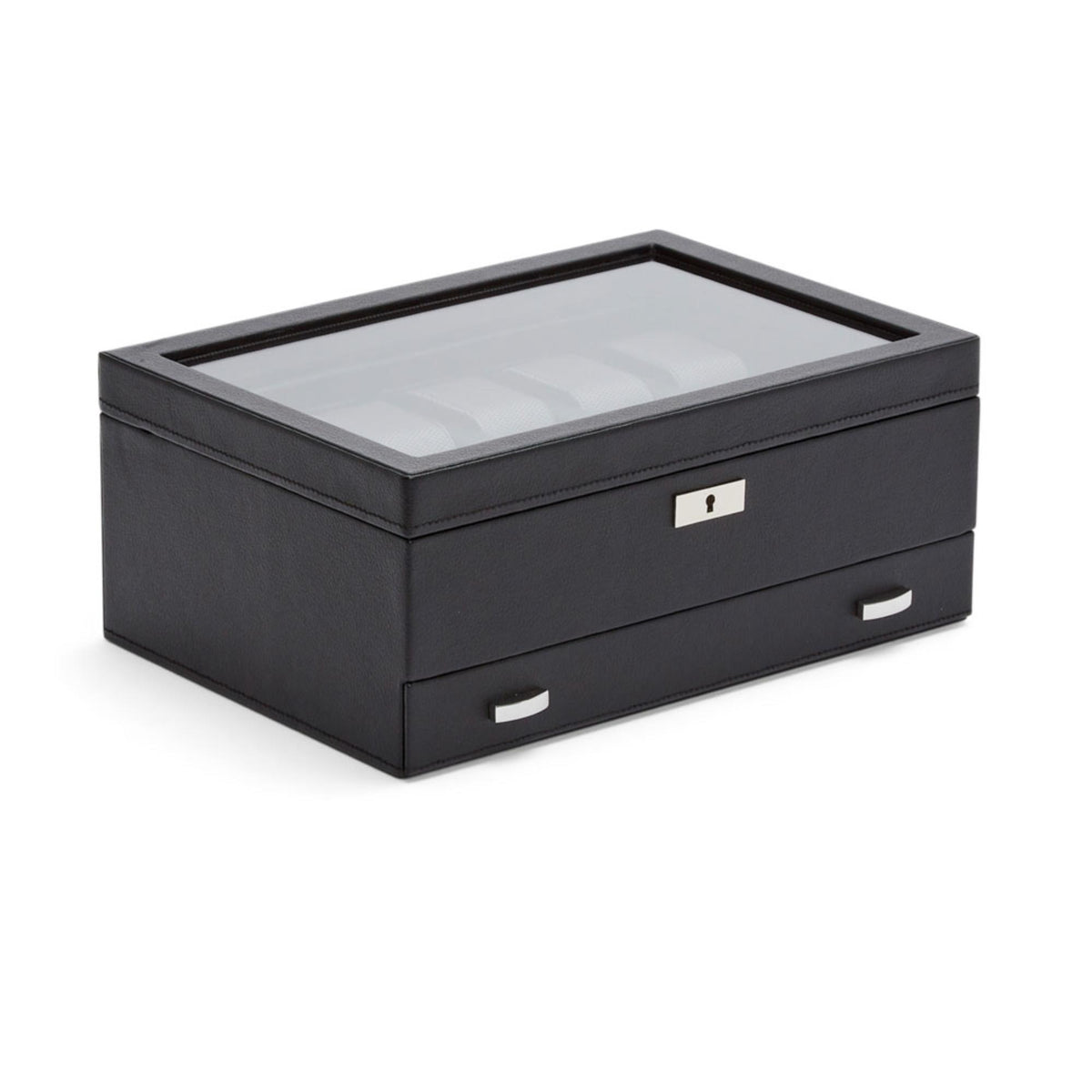 WOLF Viceroy watch box with clear lid and front drawer, black exterior