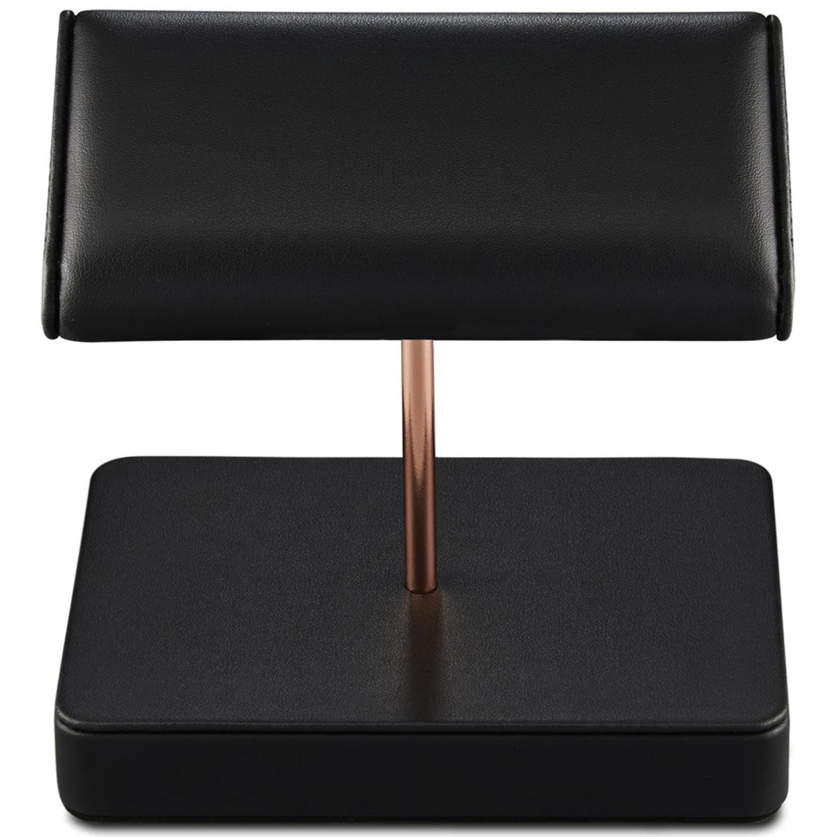 Double watch stand with black leather-like cushions and copper center post