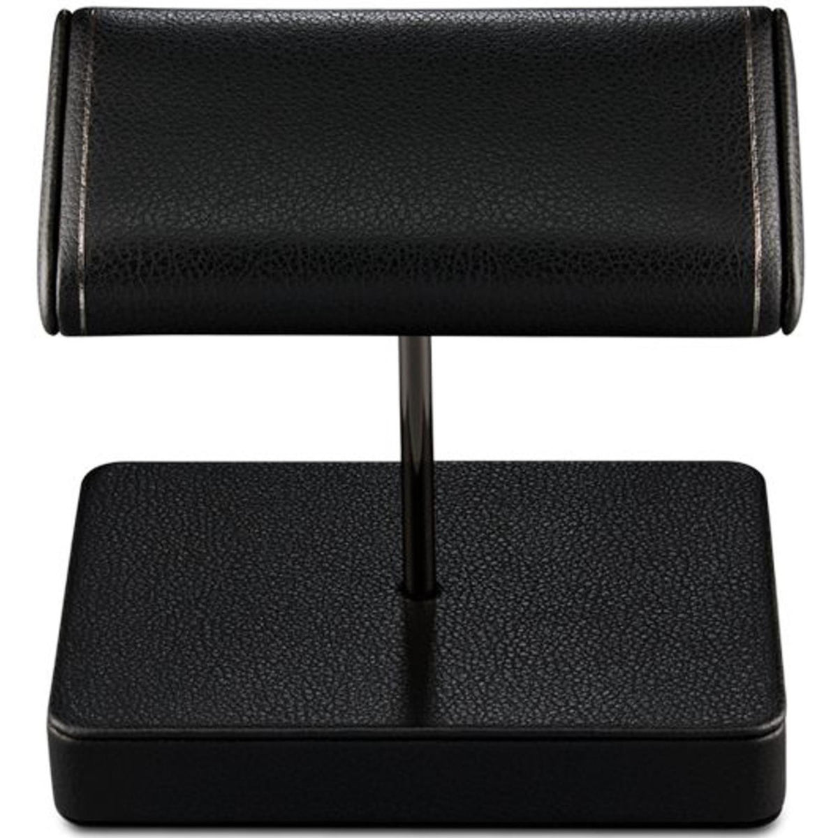 Double watch stand in black textured leatherette, two pads with center metal support