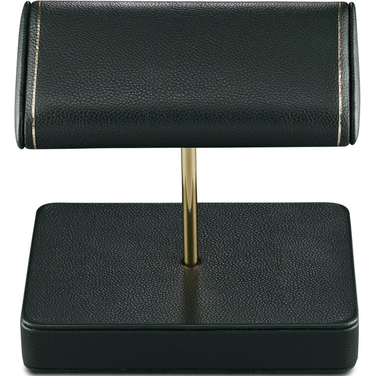 Green double watch stand with padded top roll and brass support rod