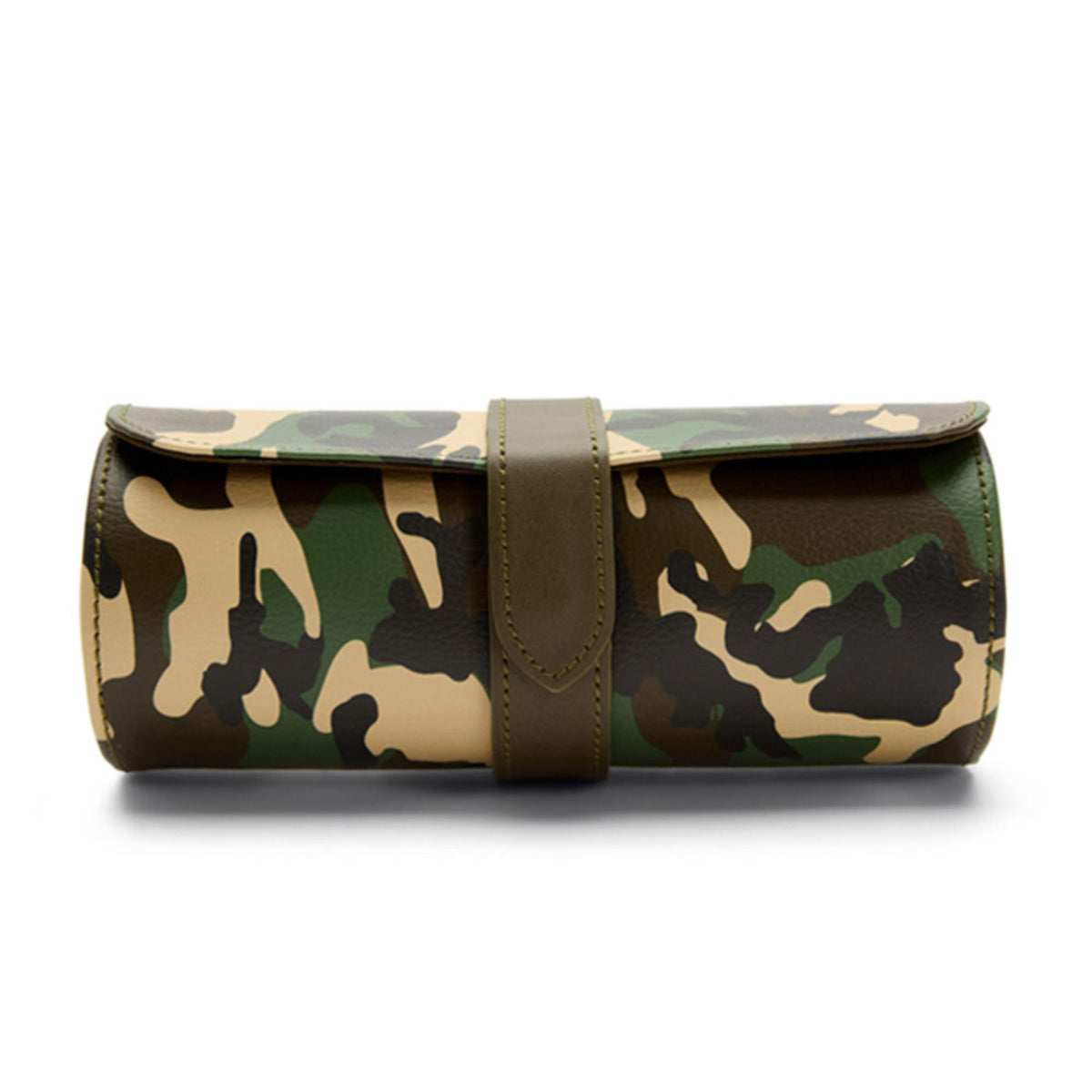 Camouflage triple watch roll with front flap and stitched brown leather strap