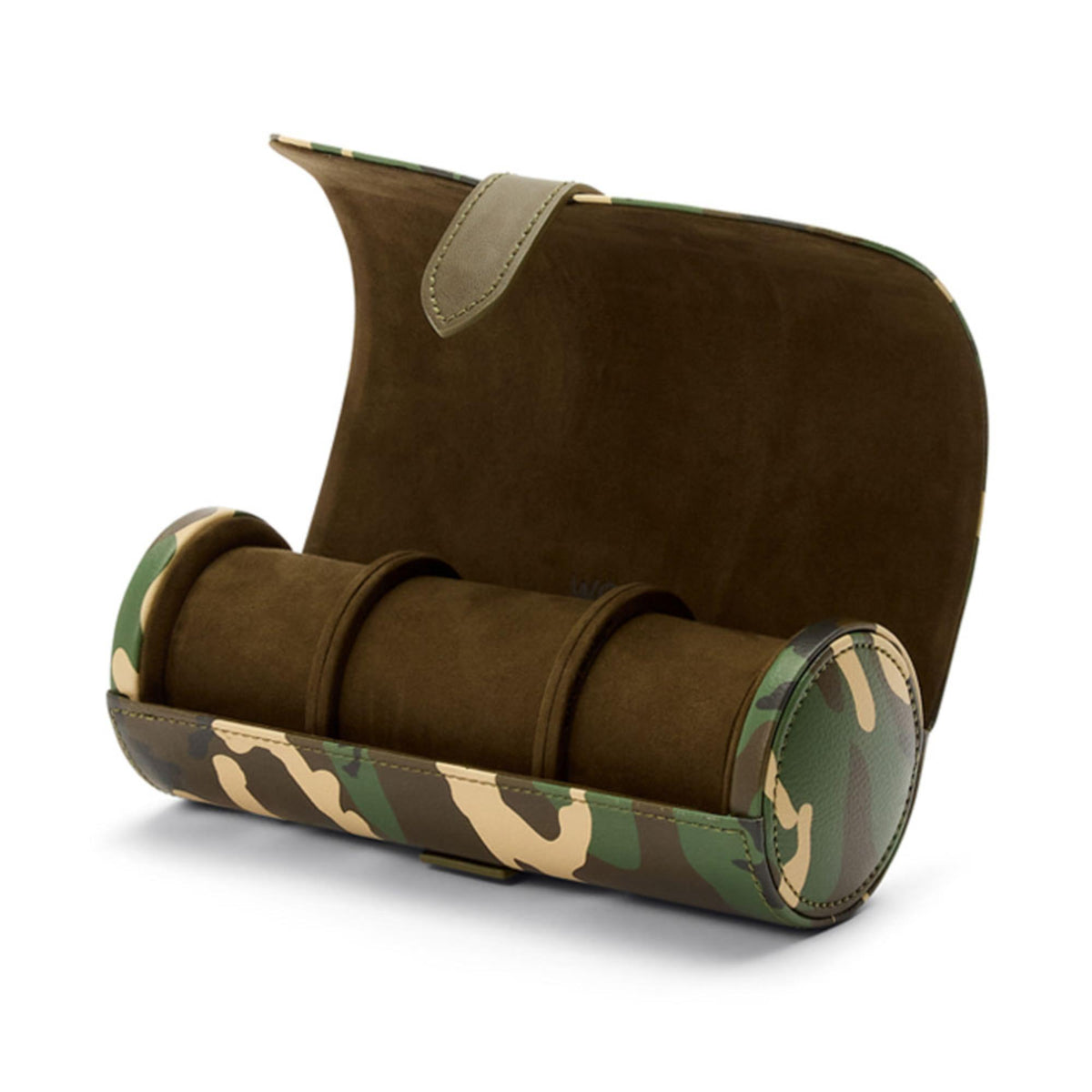 Open camouflage triple watch roll with brown suede interior and individual watch sleeves