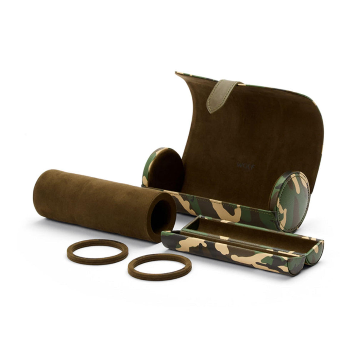 Camouflage triple watch roll with open sleeves and two matching strap bands
