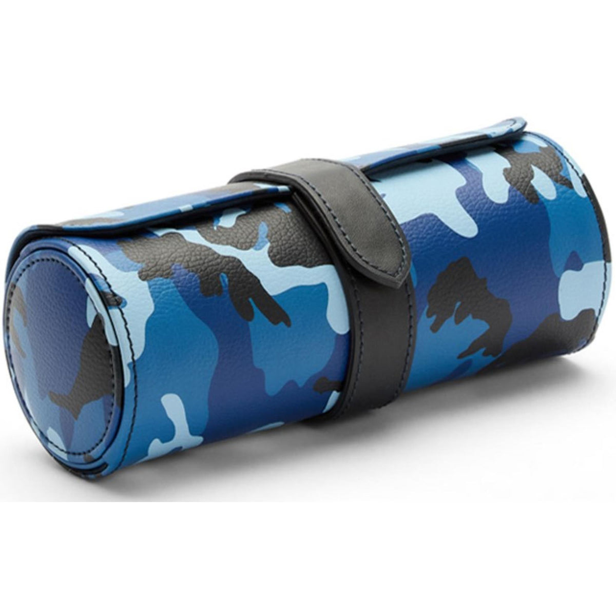 Triple watch roll in blue camo faux leather with gray strap and top handle.