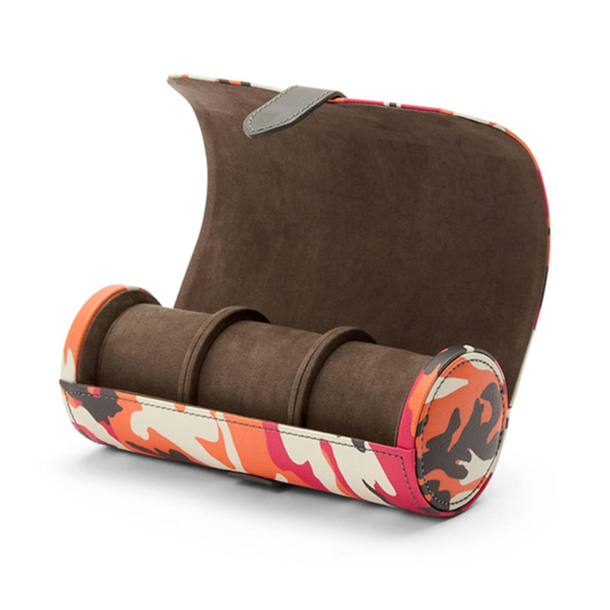 Triple watch roll opened to show brown suede-lined watch slots and camo exterior