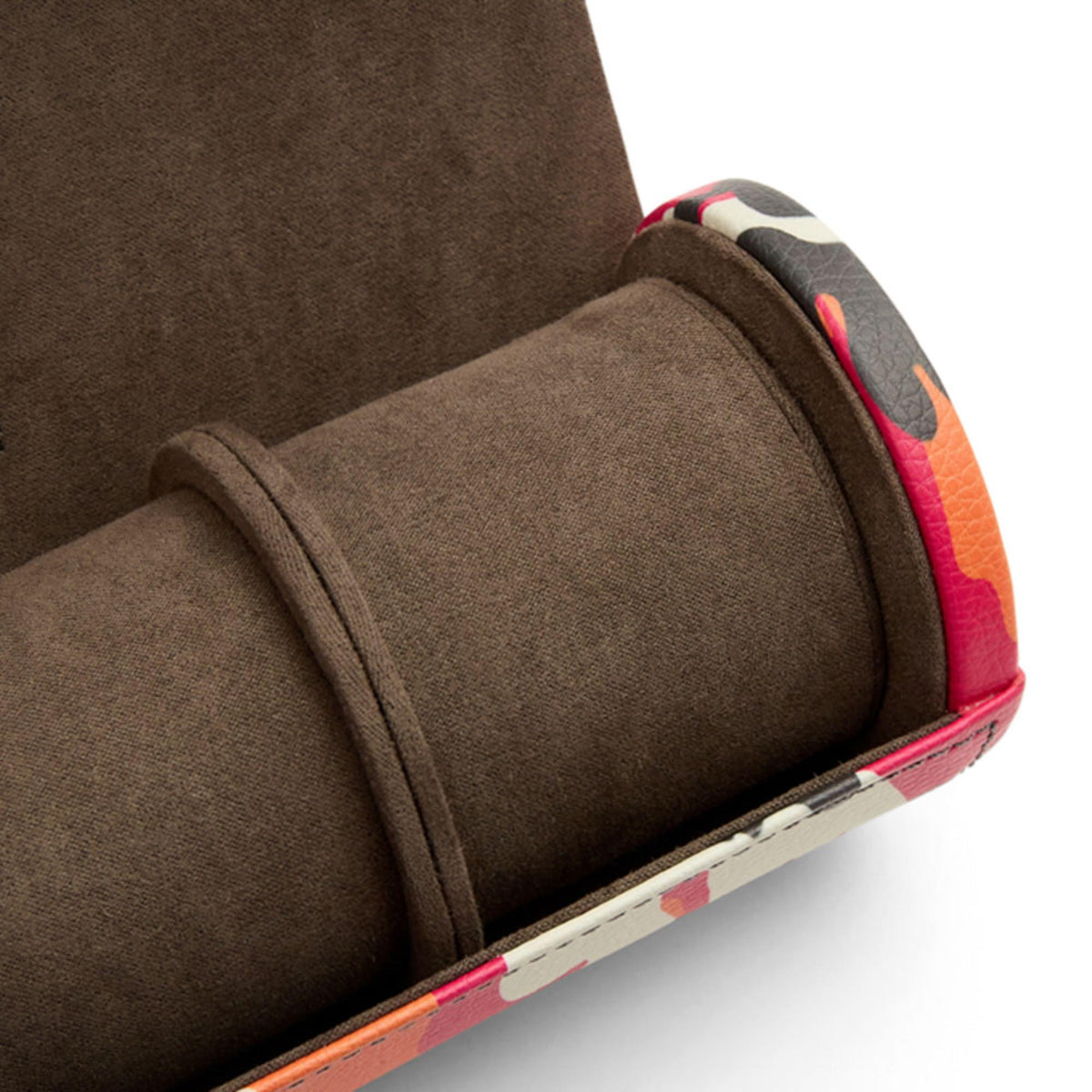 Brown suede watch cushion inside triple watch roll with camo trim and stitched edge