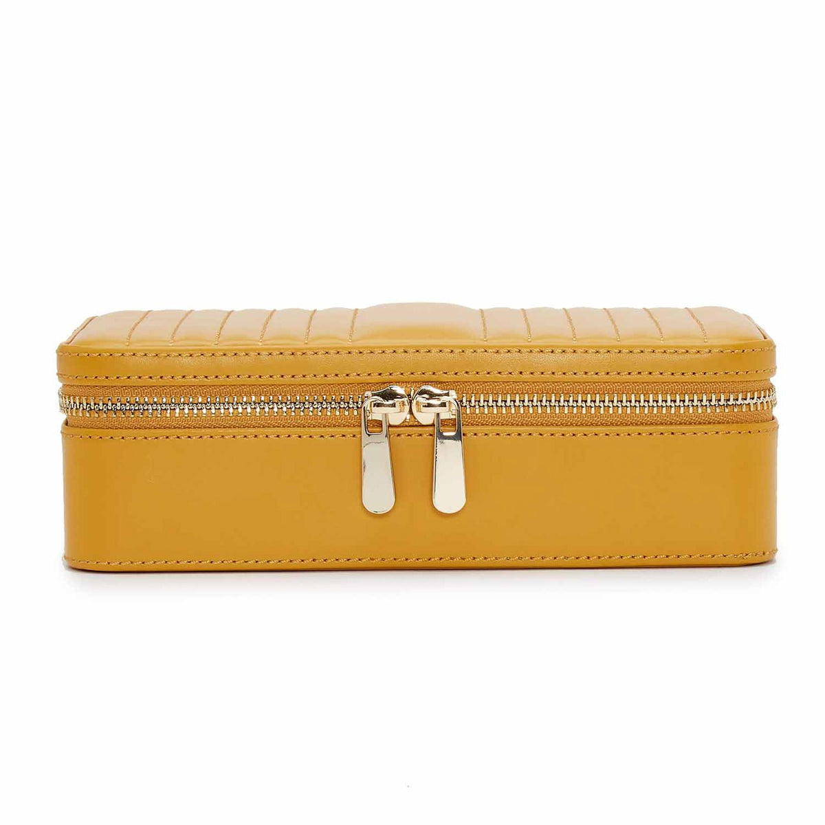 Mustard yellow zip case with double zipper sliders and stitched top panel