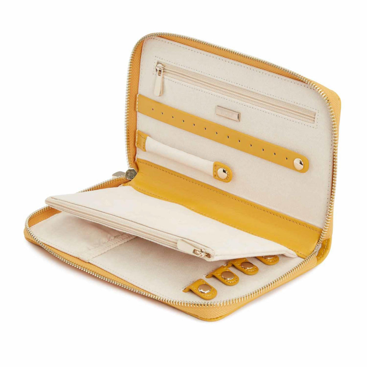 Jewelry portfolio open: beige-lined interior with elastic straps and card slot pockets