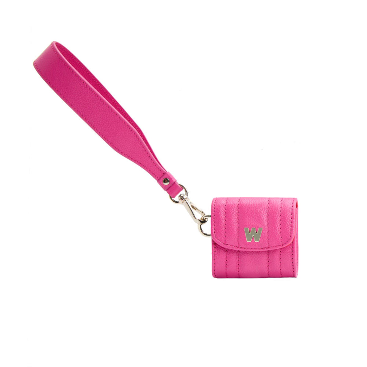 Pink earbud case with wrist strap and gold W logo, shown side view