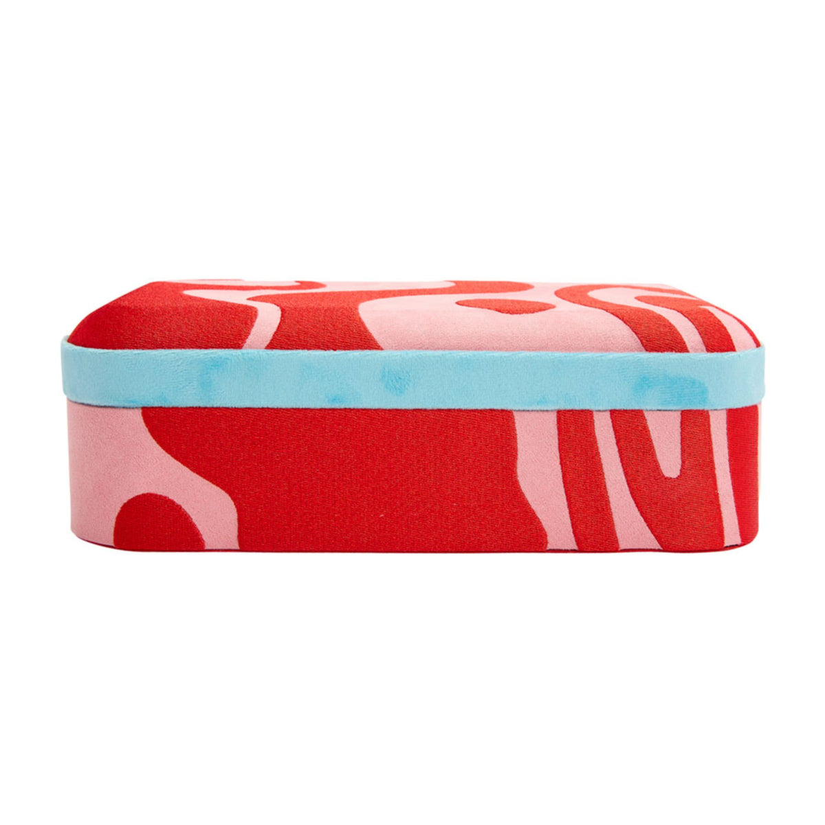 Medium jewelry box top view; red-and-pink abstract pattern with light blue edges
