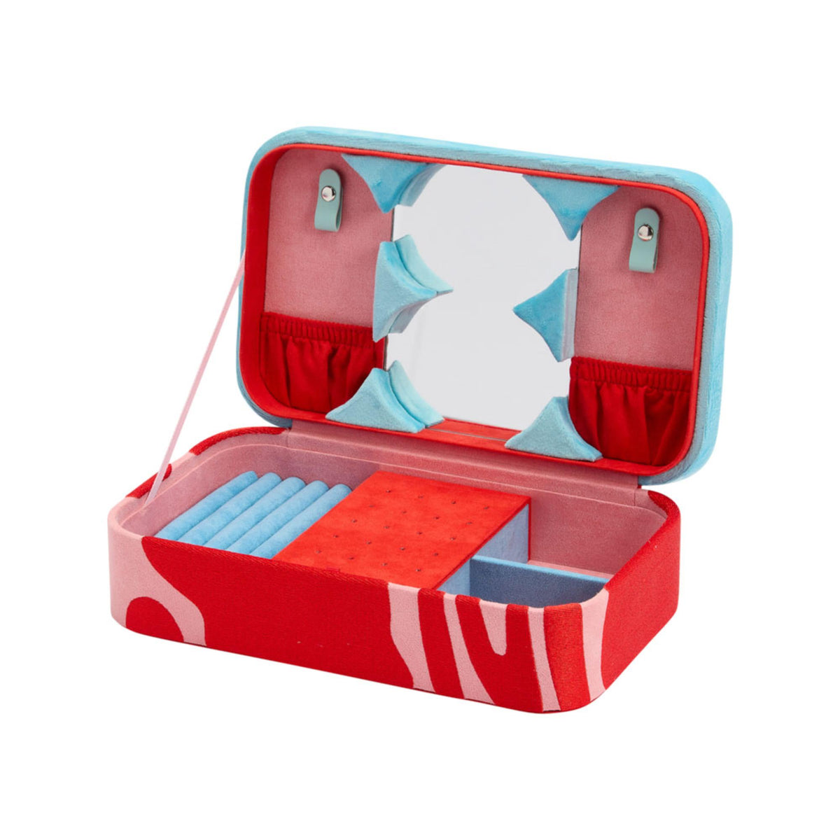 Medium jewelry box with open lid; red base, blue star details, and inner dividers