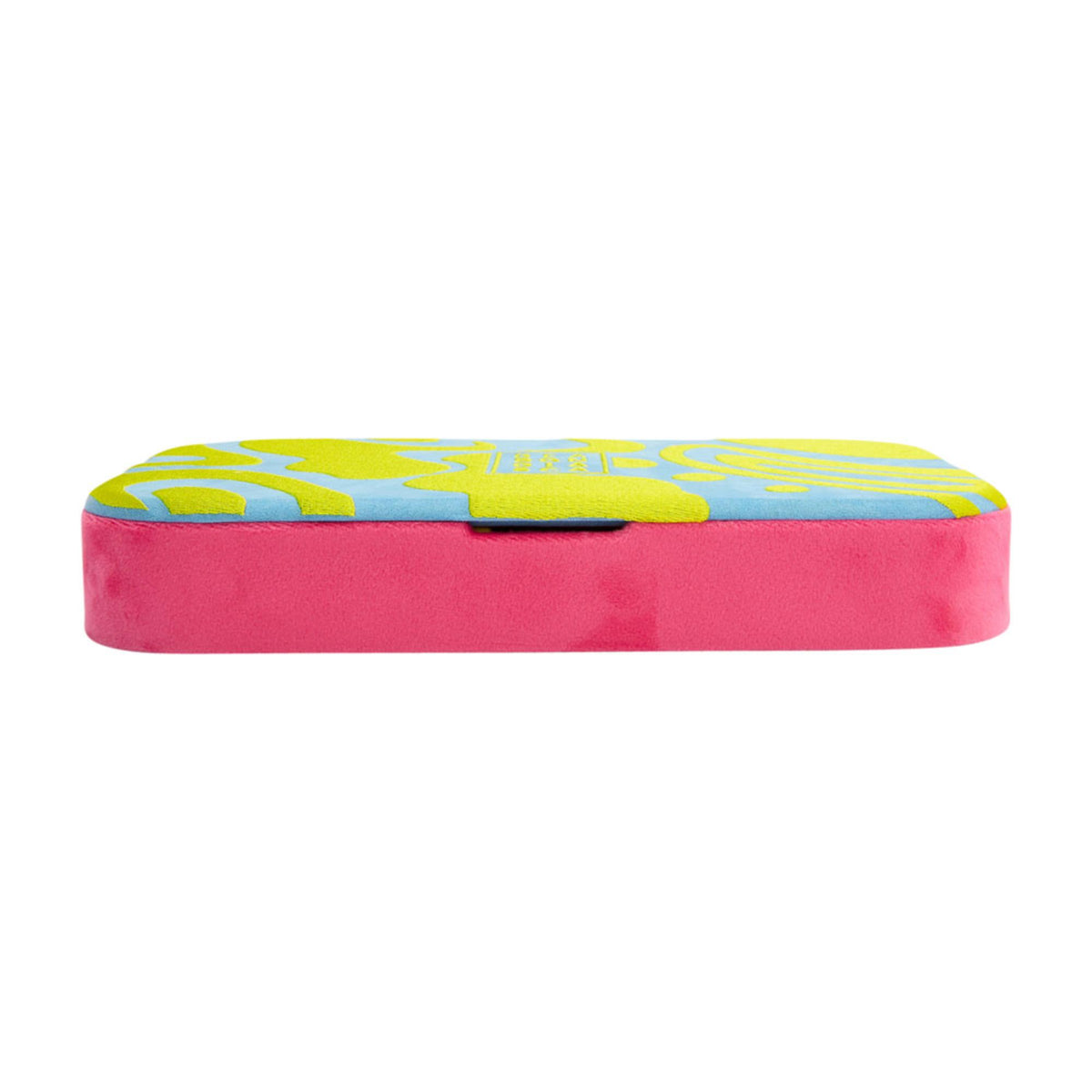 Medium tray lid with multicolor abstract print and pink base, shown from above