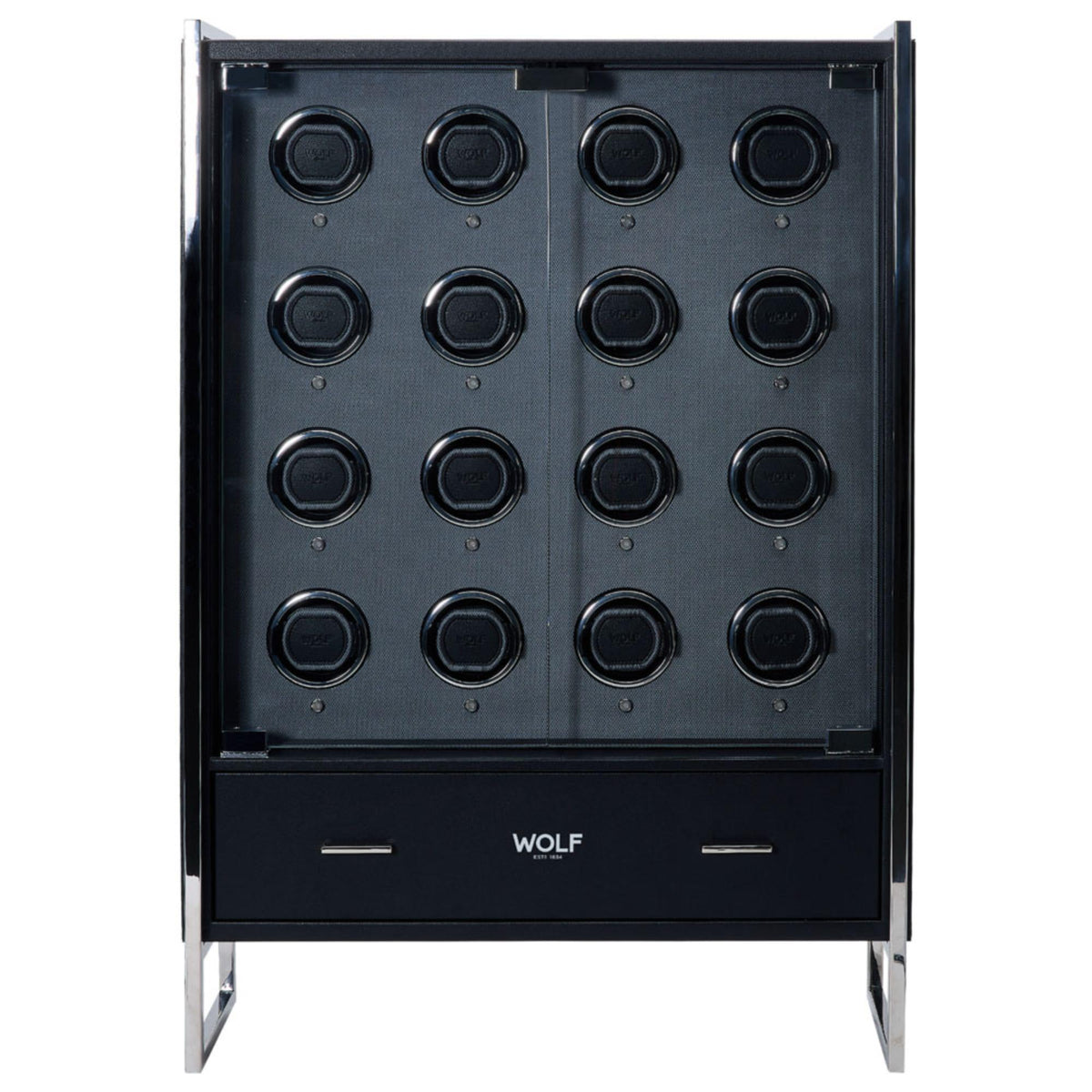 WOLF 16-piece watch winder cabinet with 16 round winding bases and front drawer