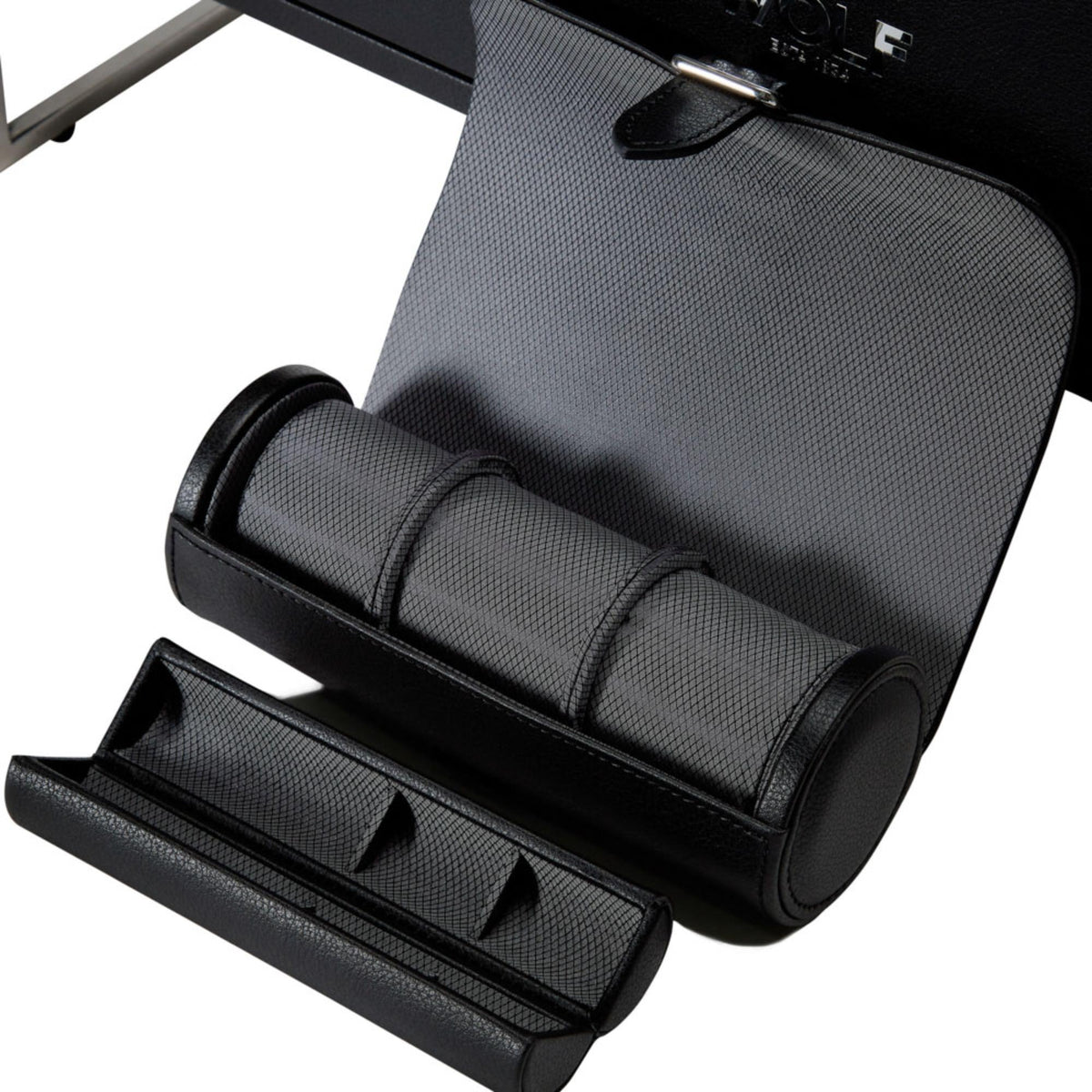 WOLF watch winder cushions and winding holders with black leather-like covers