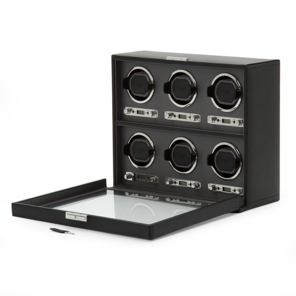 Black 6-watch winder with glass door open and six watch cradles inside