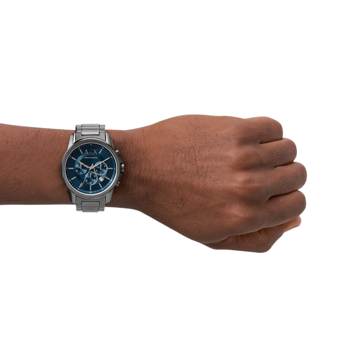 Armani Exchange Banks AX1731 lifestyle wrist shot featuring mens blue dial watch with a steel bracelet