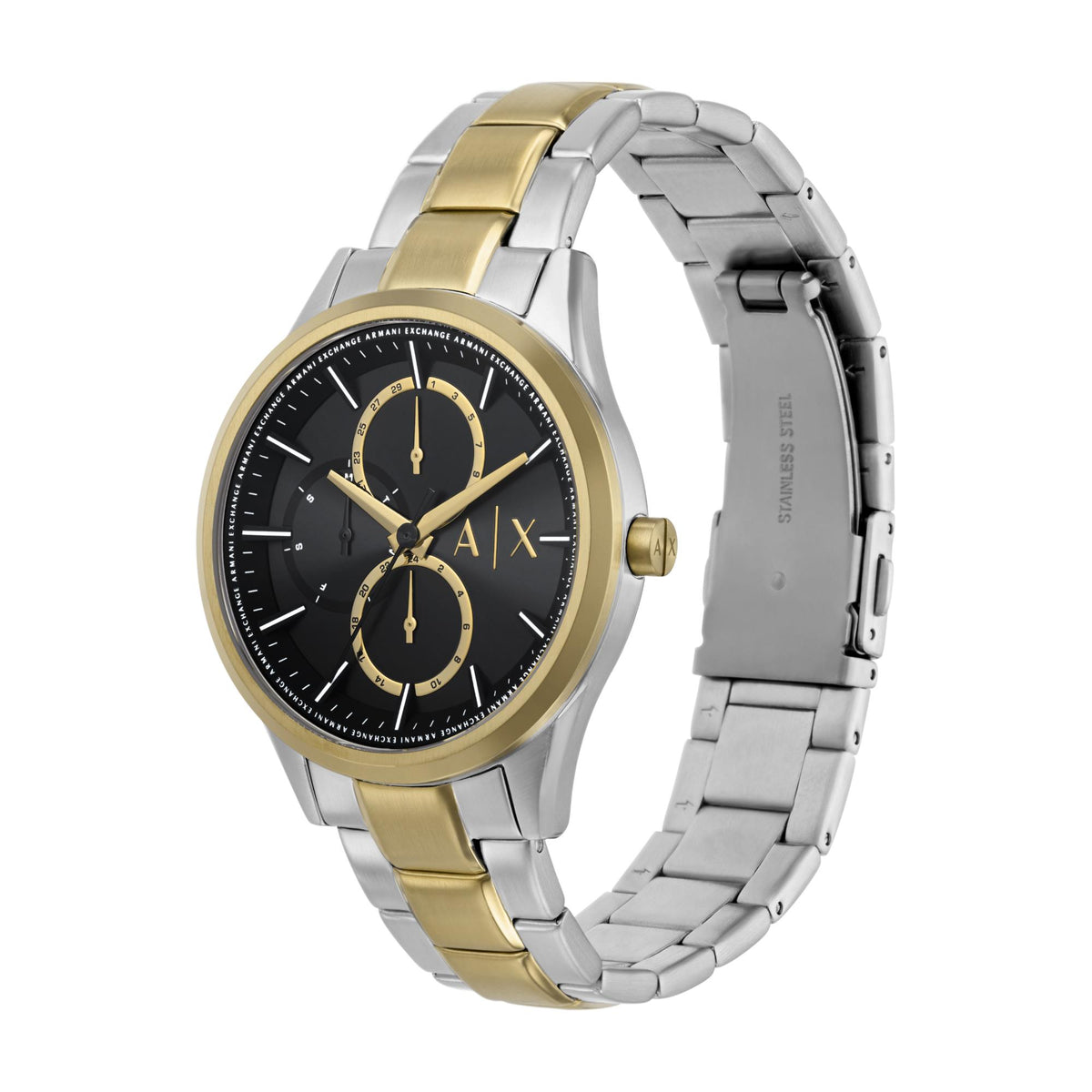 Armani Exchange Dante AX1865 three-quarter angle view detailing steel case and bracelet link integration