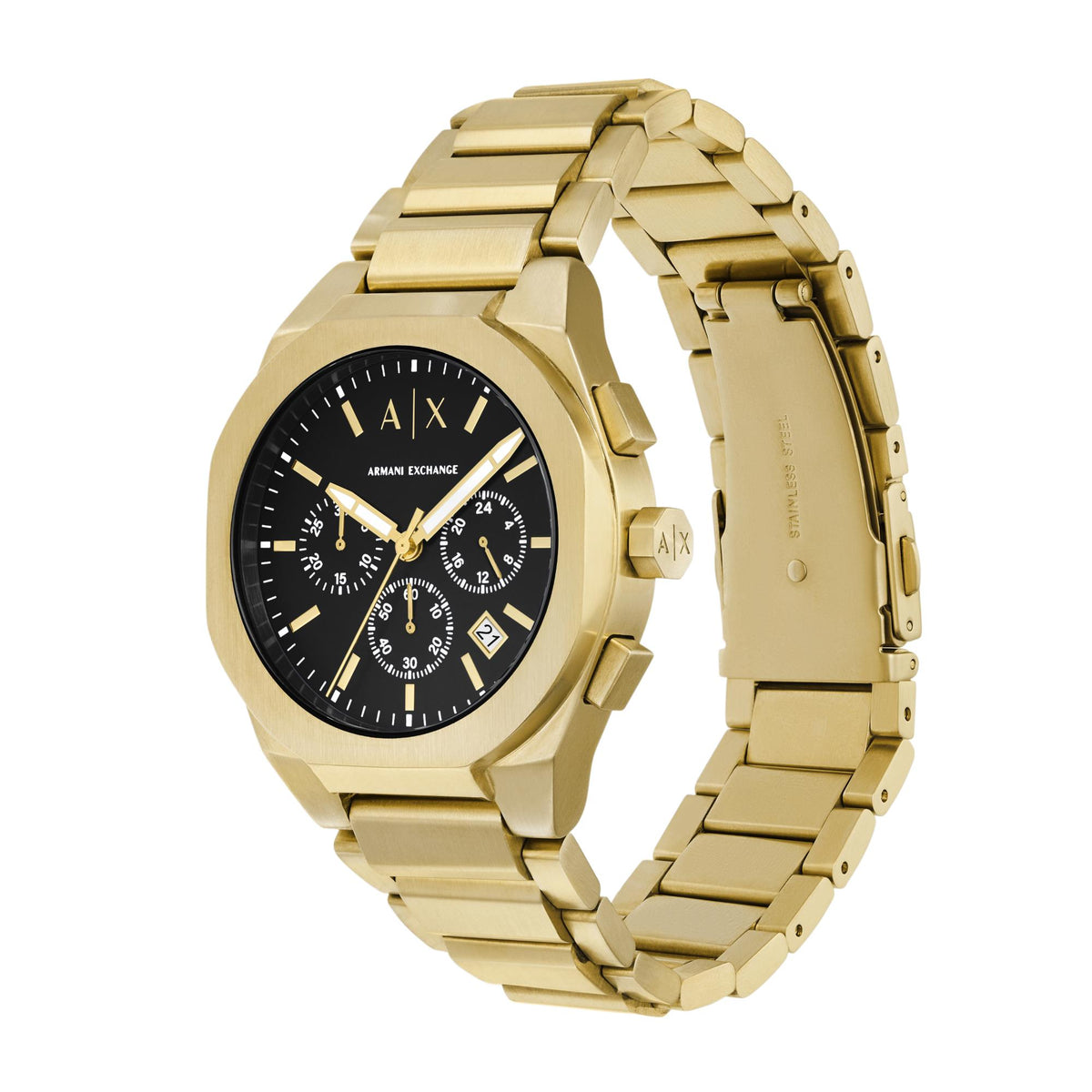 Armani Exchange Sync AX4180 three-quarter view displaying octagonal case profile and steel bracelet links