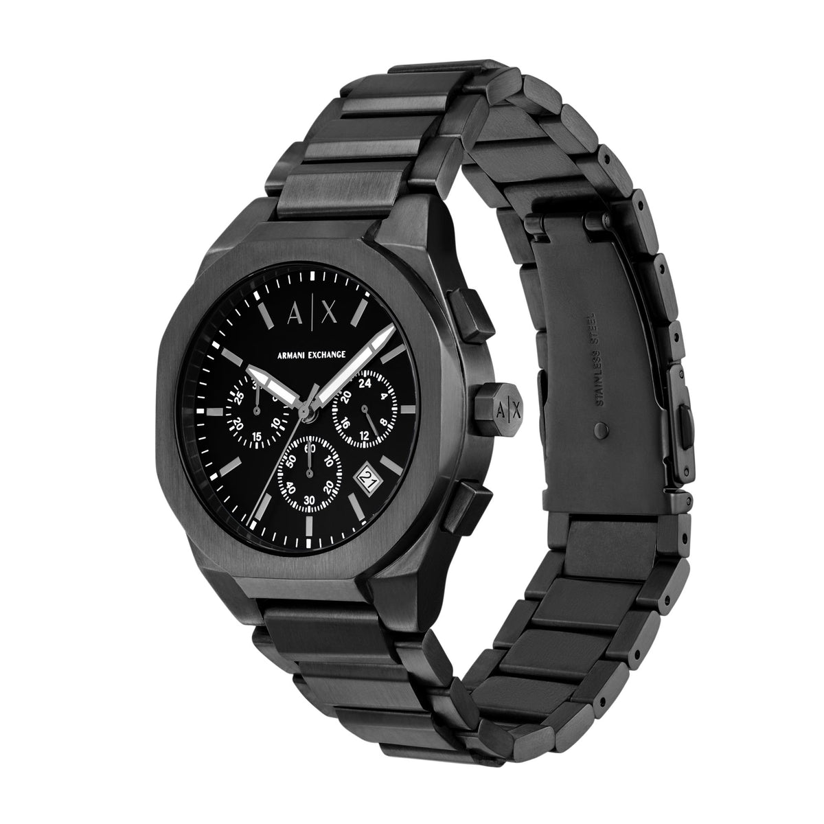 Armani Exchange Sync AX4183 three-quarter view displaying octagonal case profile and steel bracelet links