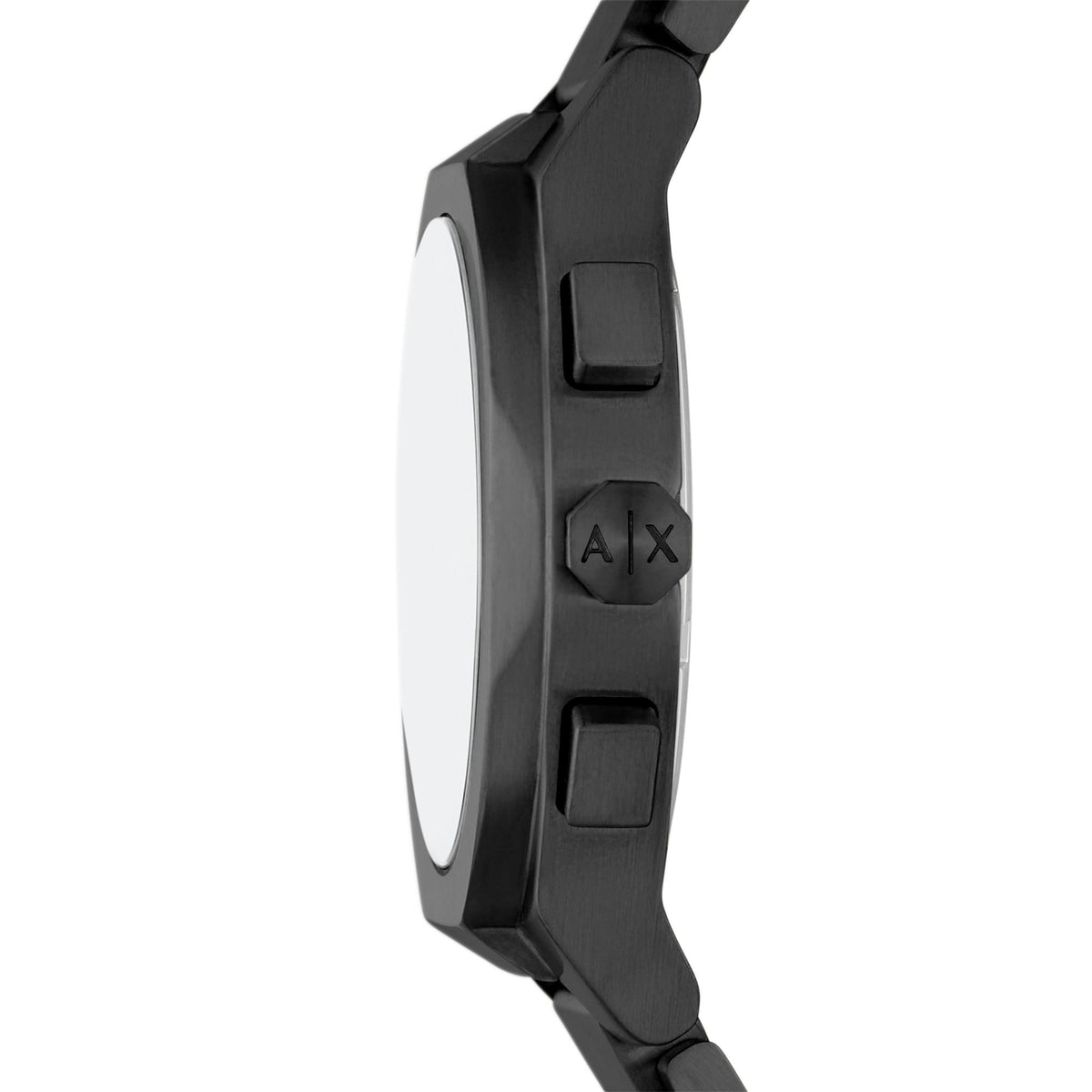 Armani Exchange Sync AX4183 side profile view highlighting steel case construction, crown, and pushers