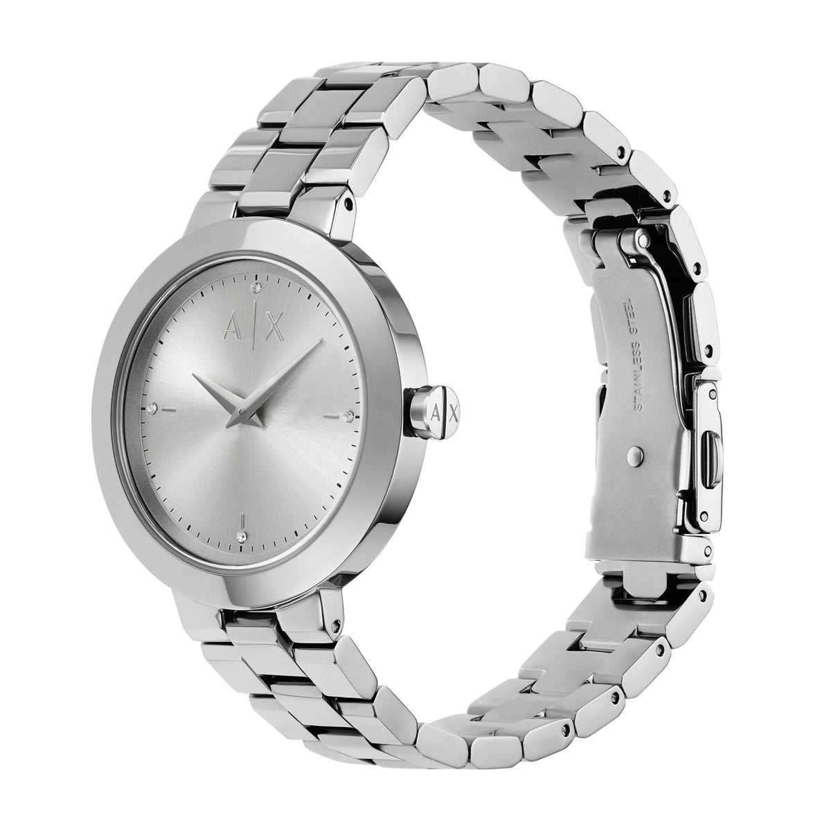 Armani Exchange Jackie AX5170 three-quarter view detailing steel case profile and bracelet clasp