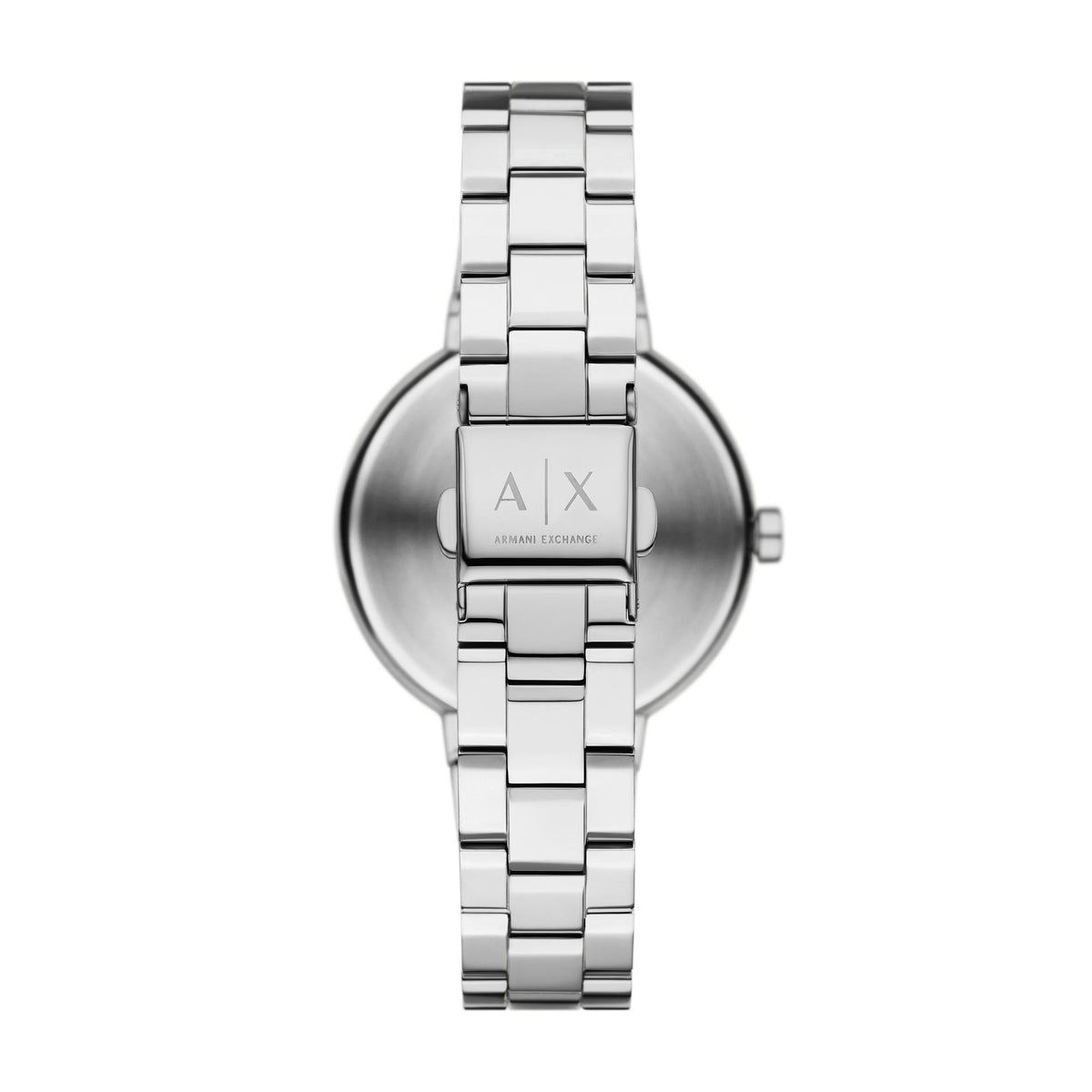 Armani Exchange Jackie AX5170 rear view showing steel link bracelet with engraved logo foldover clasp