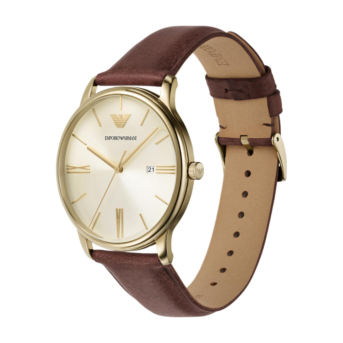 Emporio Armani Minimalist AR11610 angled shot displaying slim gold-tone case profile and leather band