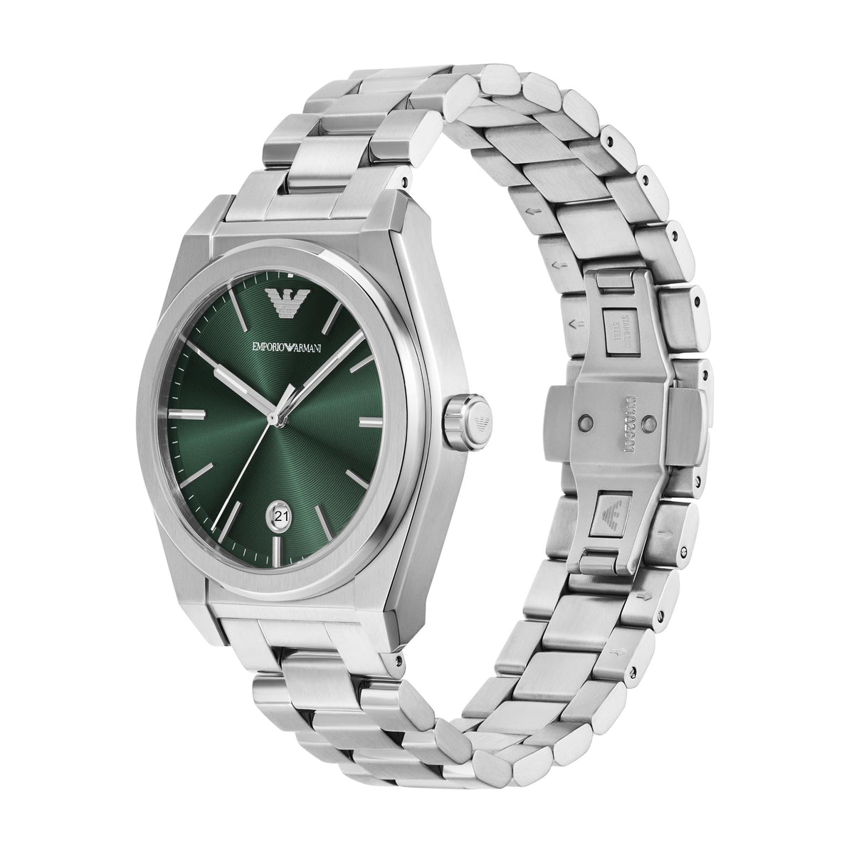 Emporio Armani men's steel quartz watch with green dial and linked bracelet