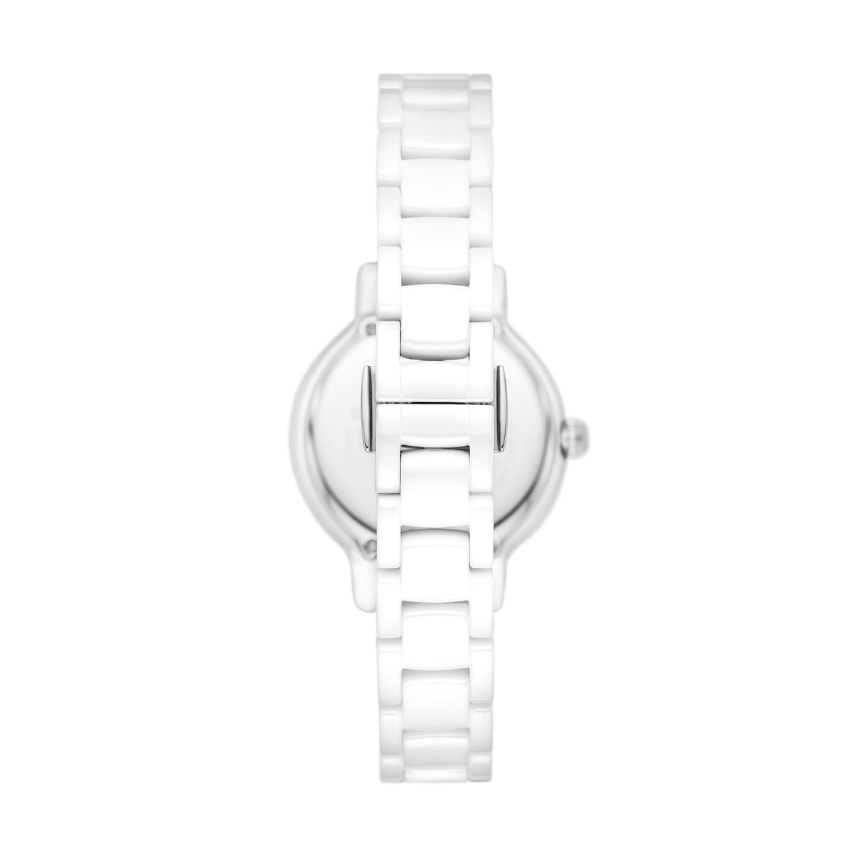 White ceramic ladies quartz watch viewed from the side, with crown at 3 o'clock
