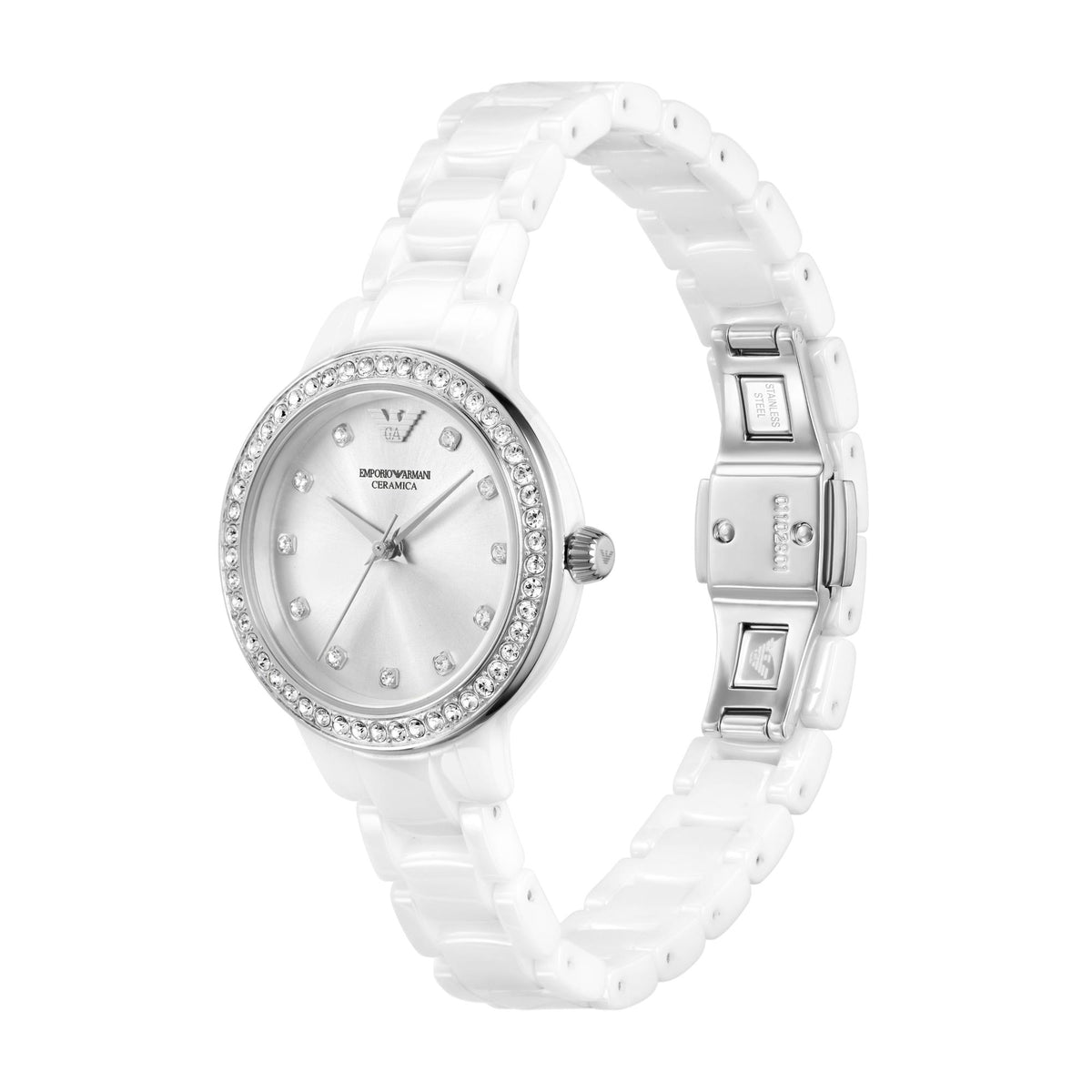 Ladies quartz watch with white ceramic bracelet, silver dial, and diamond-style bezel