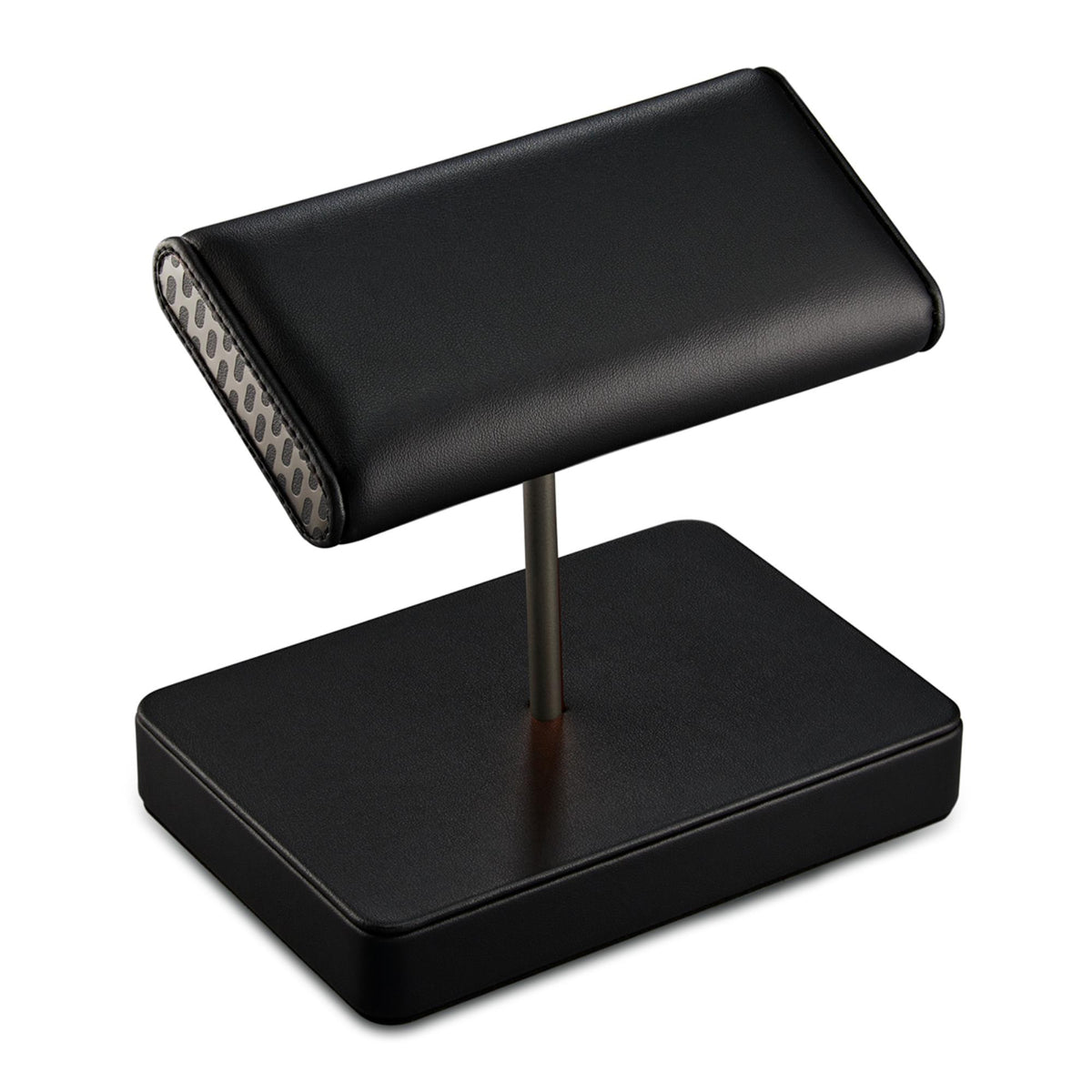 Double watch stand with angled black faux leather arm and base; metal support post.