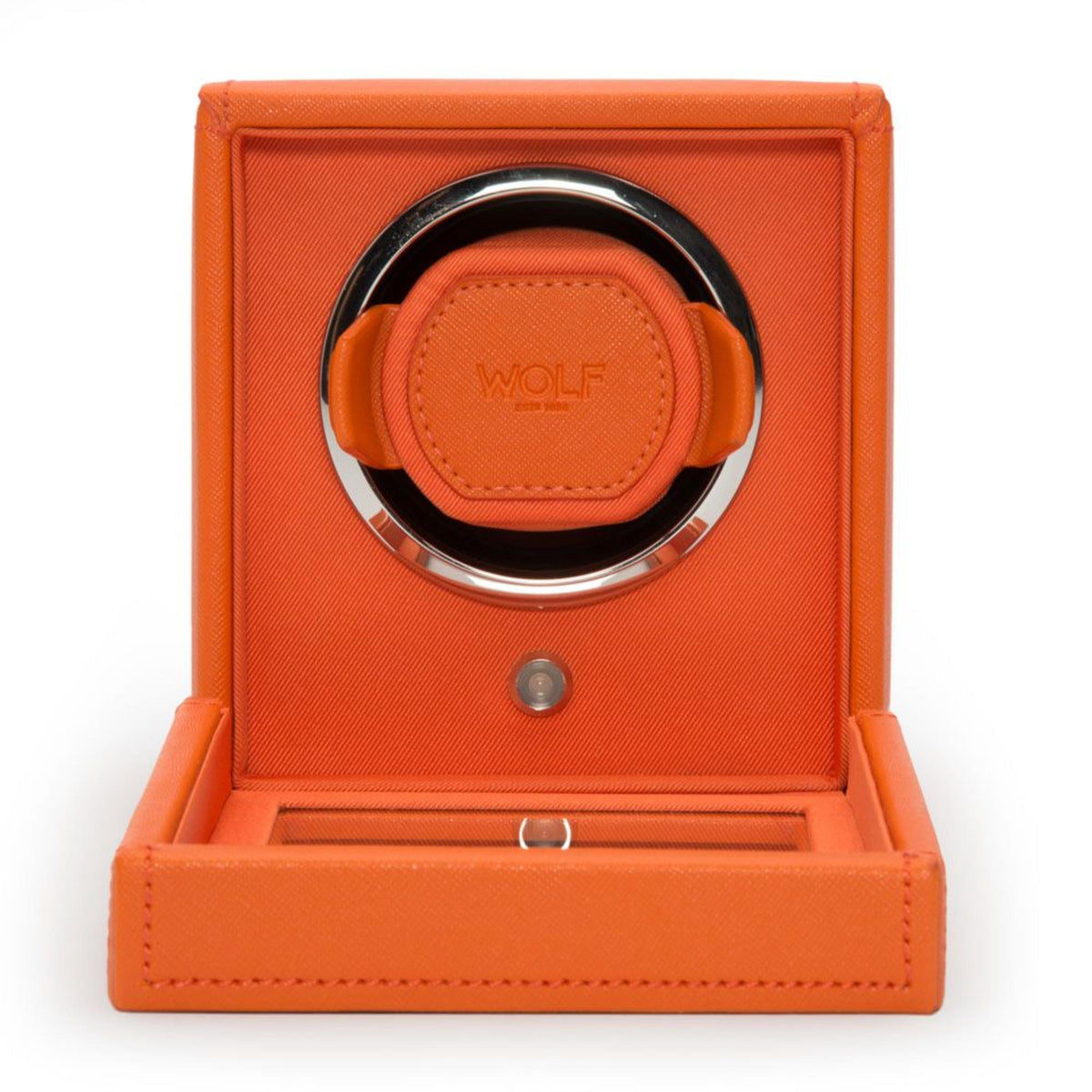 Orange watch winder cover with circular rotor holder and strap, single watch