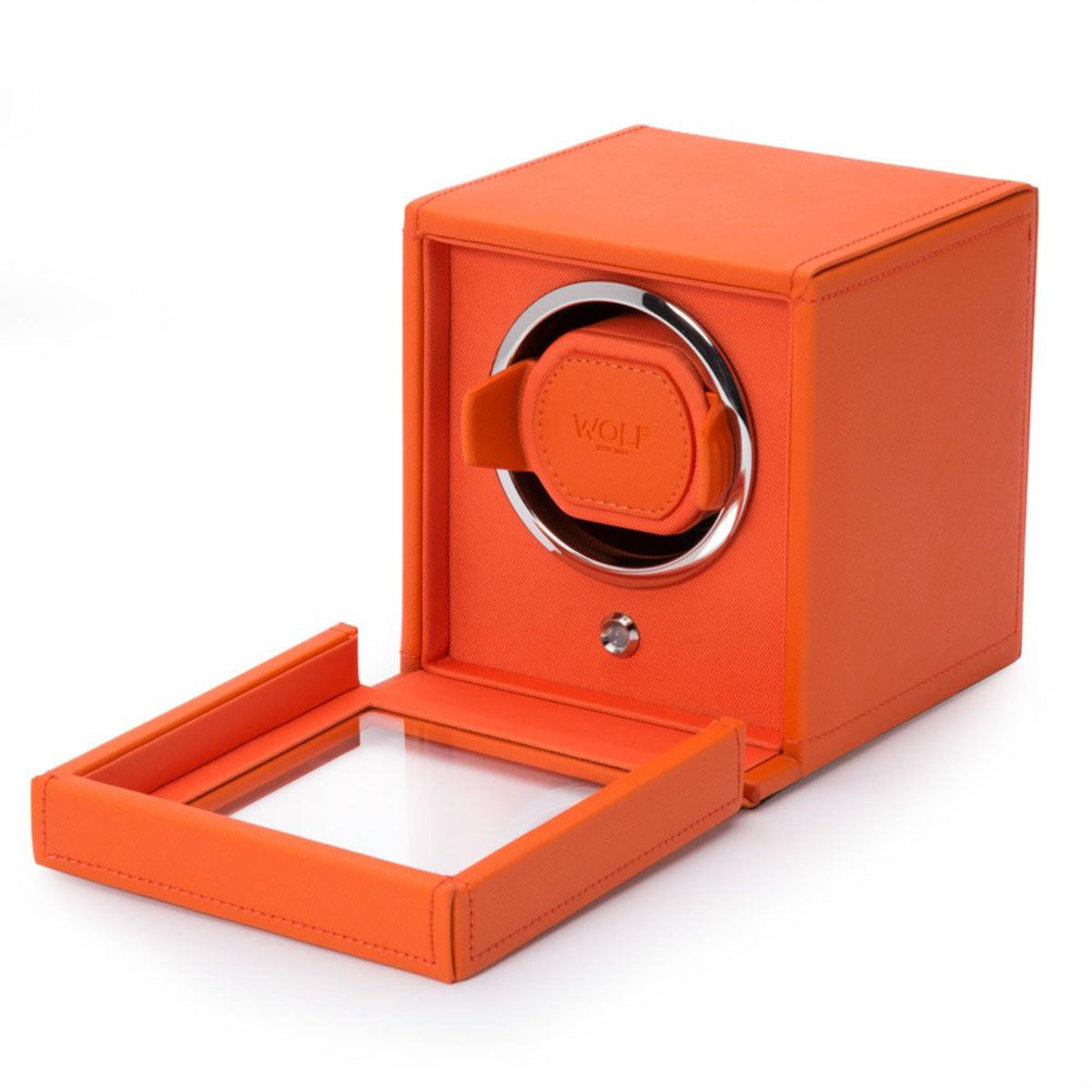 Orange single watch winder with open base tray and circular rotor viewing window