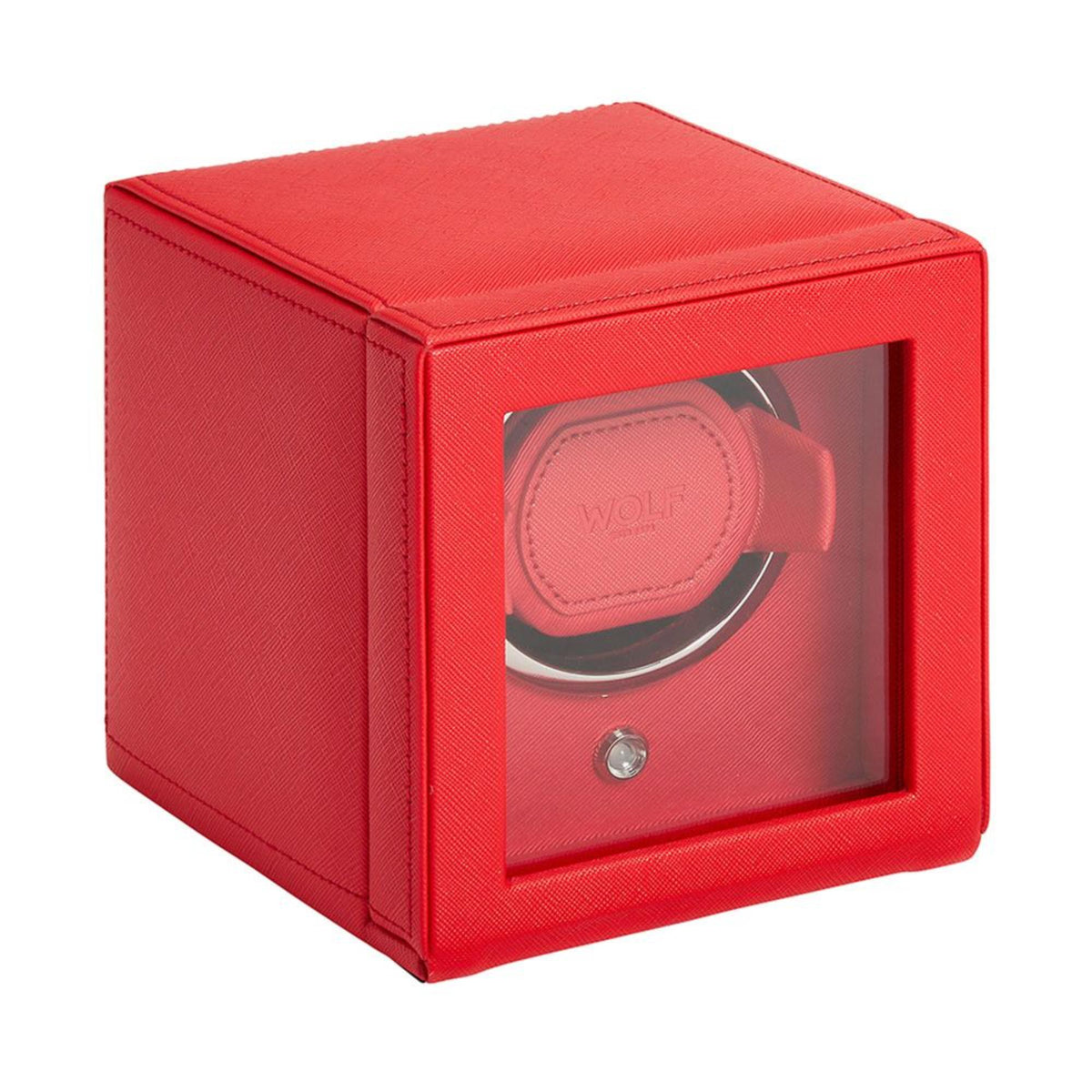 Red watch winder with clear front window and single watch cradle inside