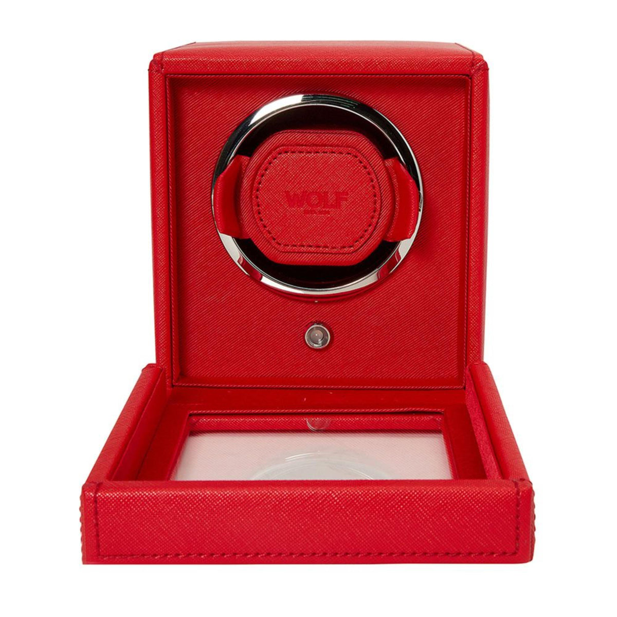 Red watch winder with front-mounted dial and open base tray