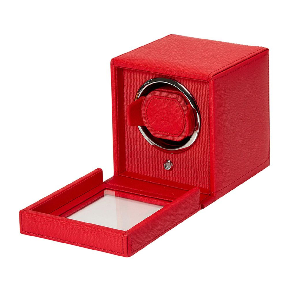 Red single watch winder with open lid and chrome watch winder ring