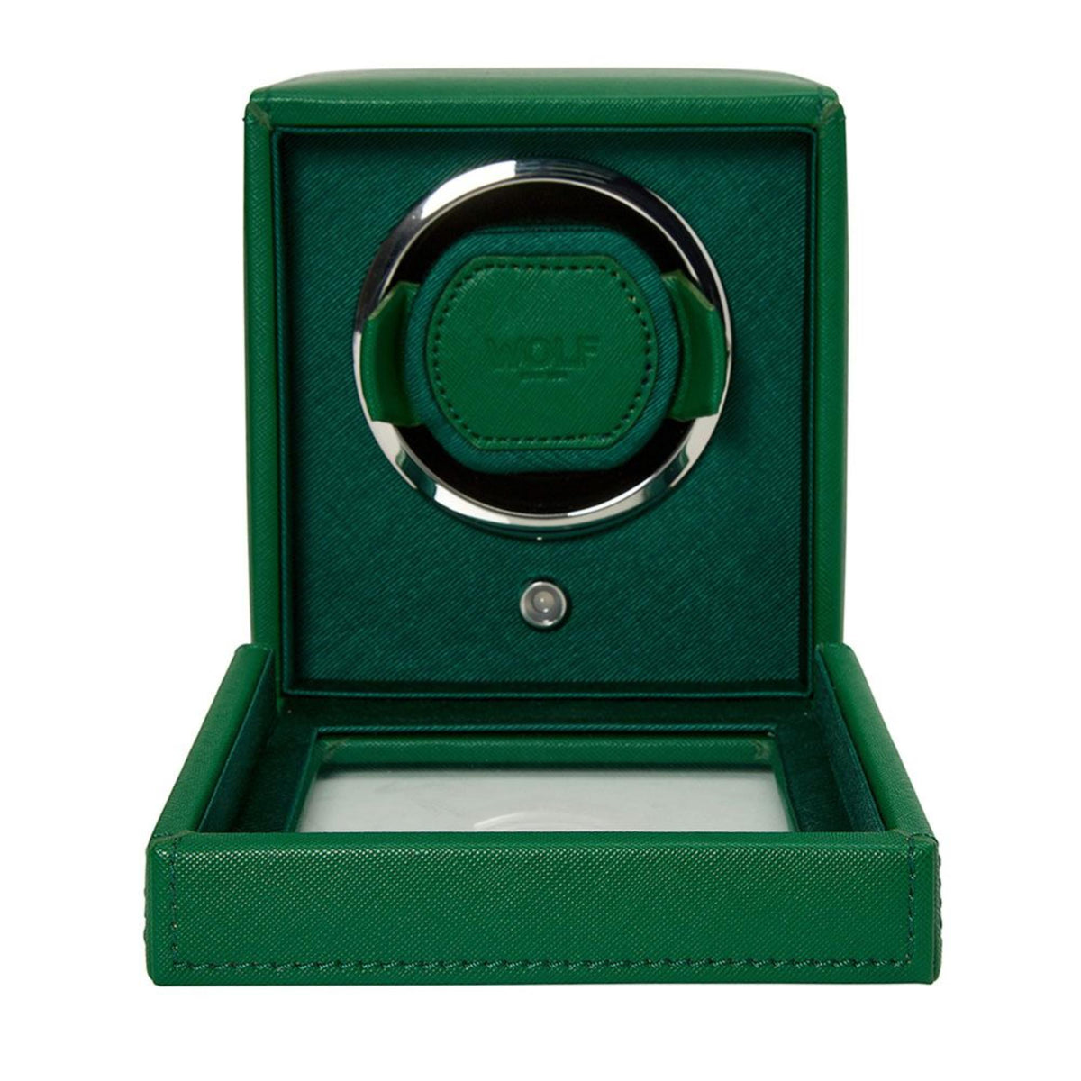 WOLF single watch winder in vibrant green, open view showing watch cushion and chrome ring