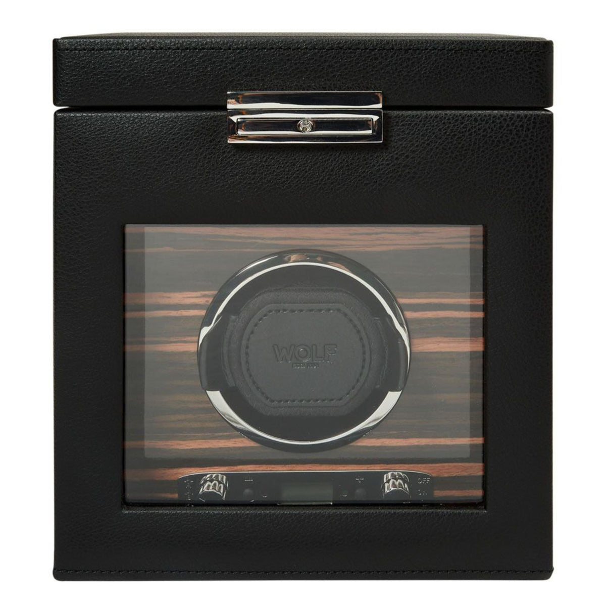 Black leather-look watch winder front with glass window showing round winder