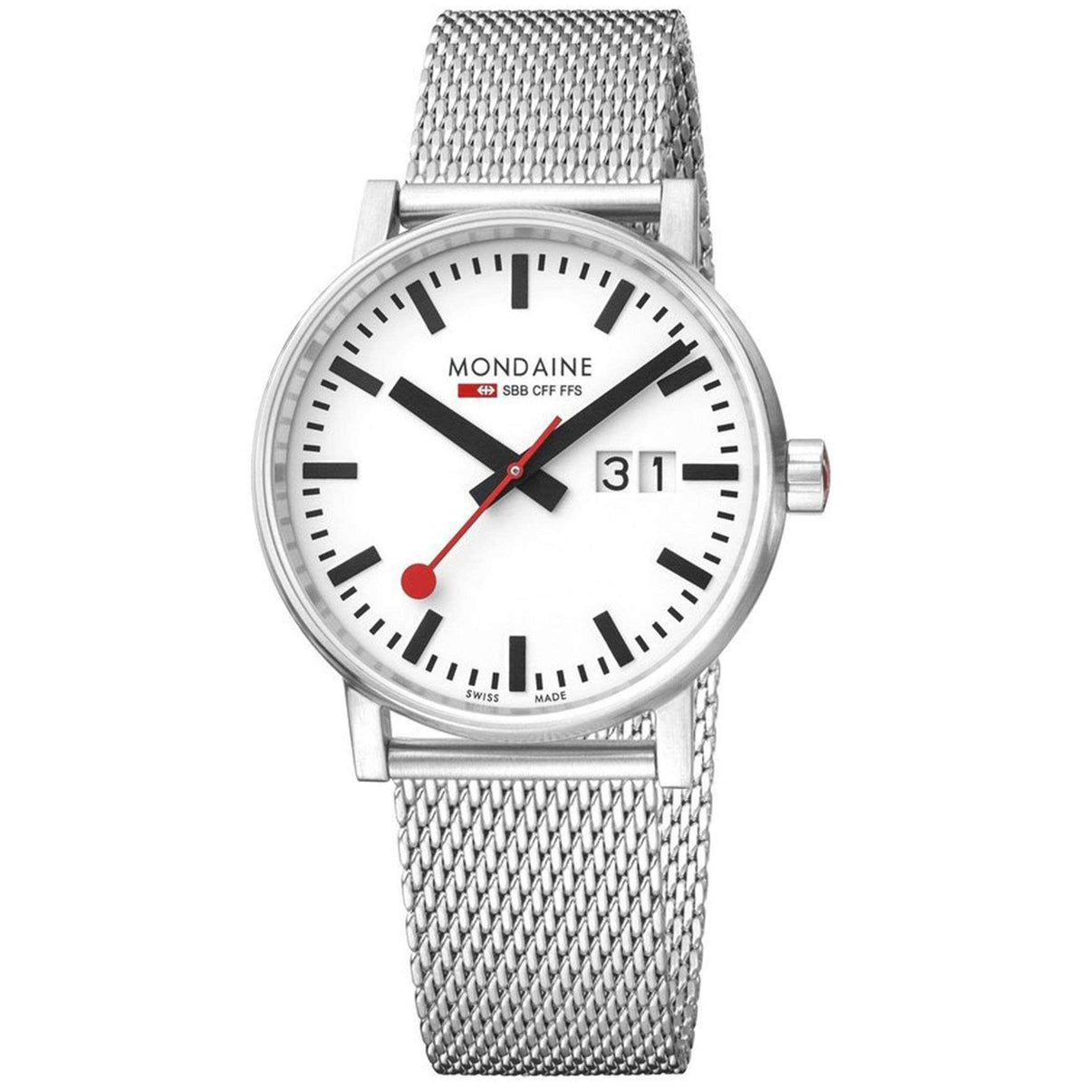 Front studio view of Mondaine Evo2 MSE.40210.SM mens watch showing a white date dial and a stainless steel mesh band