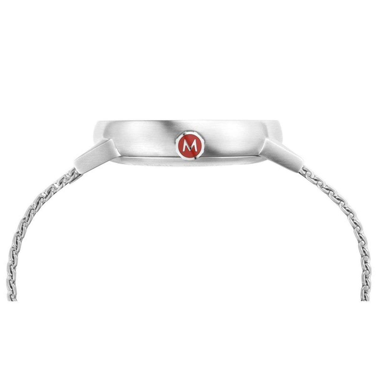 Side profile shot of Mondaine Evo2 MSE.40210.SM brushed steel case, detailing the red 'M' crown