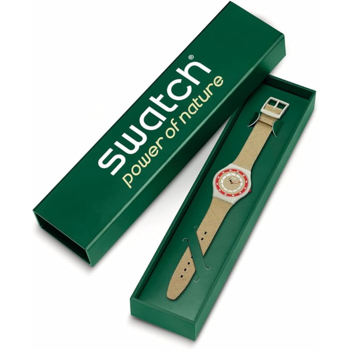 Swatch watch gift box with tan strap and round dial, shown with bracelet inside