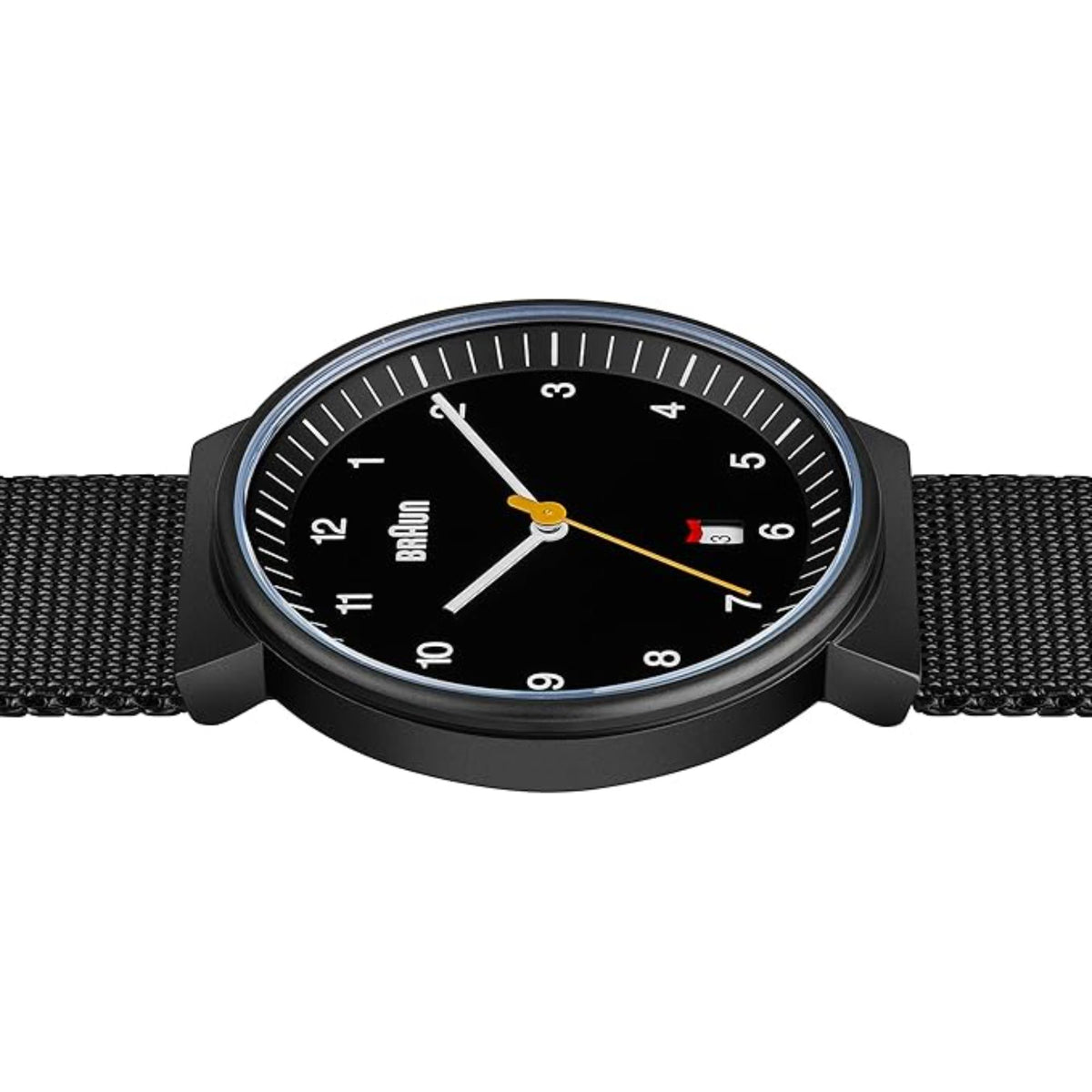 Men's Braun watch with black dial, yellow hands, day/date window, black bezel
