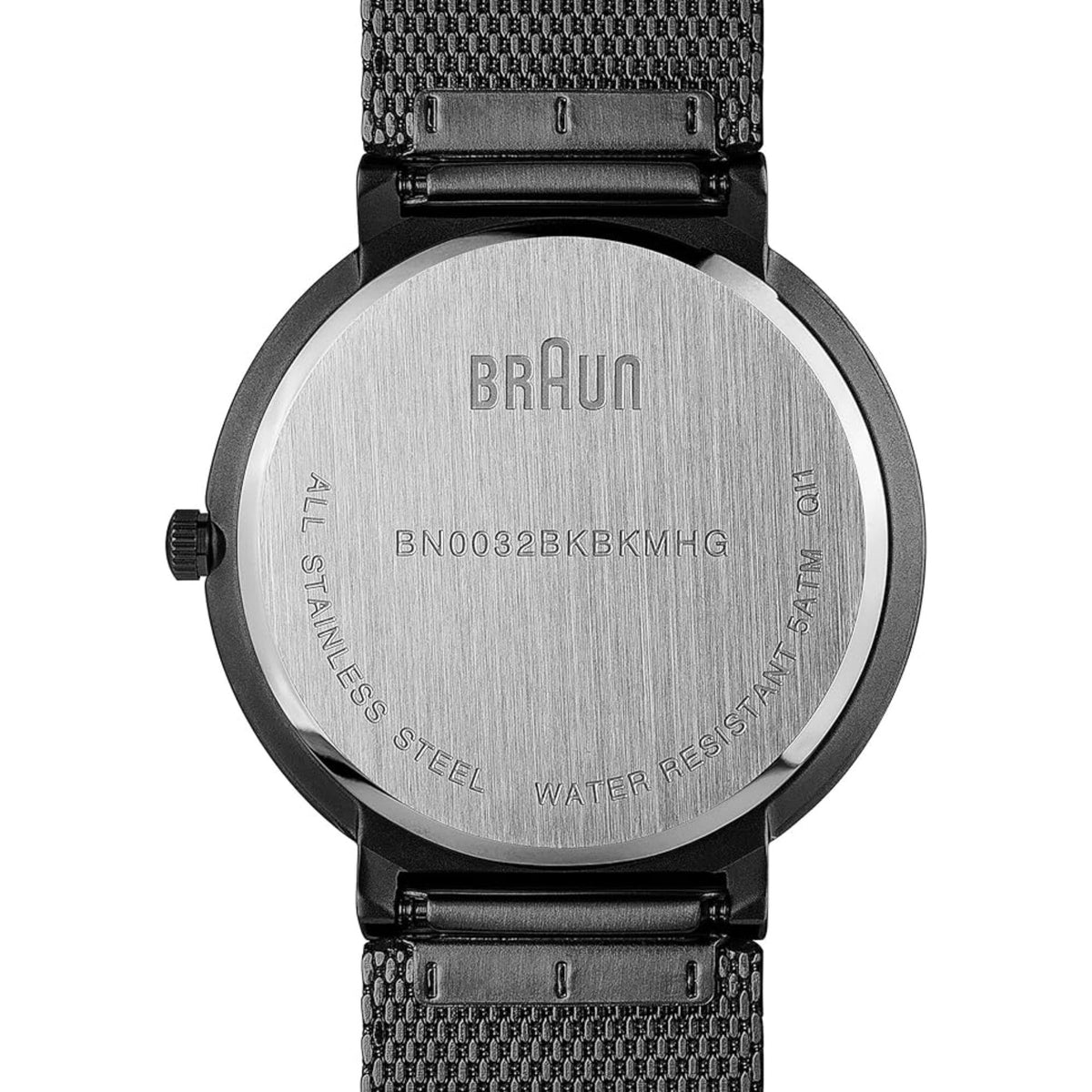Braun watch case back with engraved text and water resistant marking on stainless steel