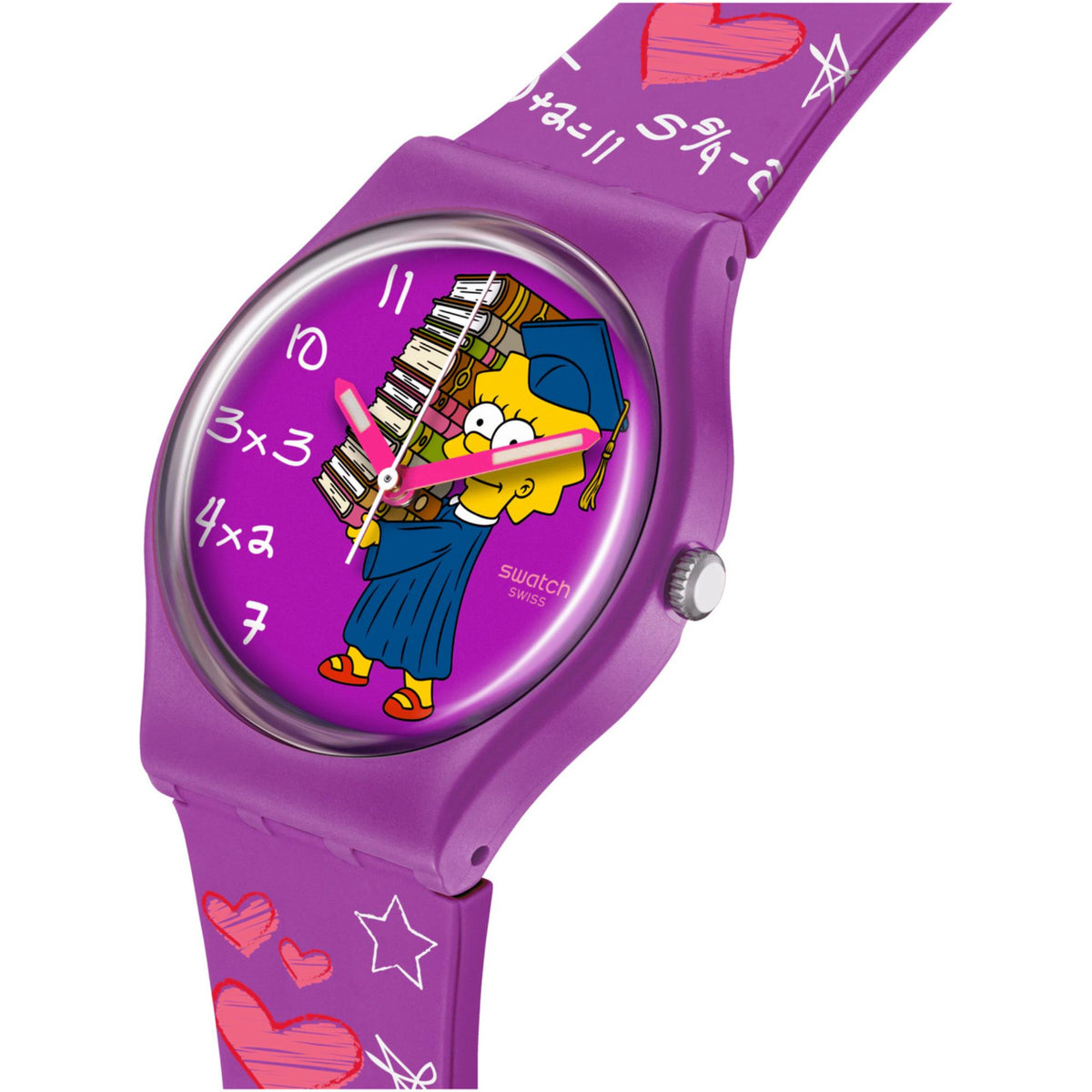 Purple Swatch watch with oval bezel, Lisa artwork dial and purple silicone strap